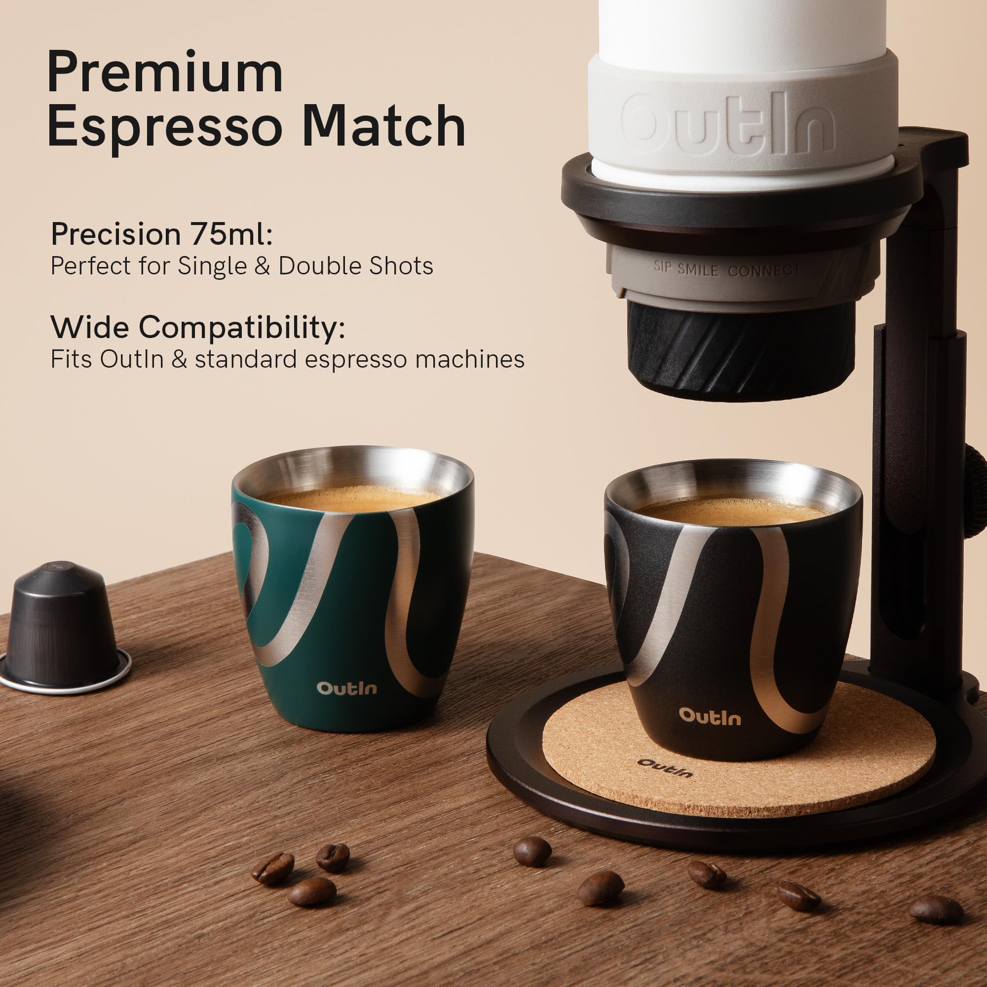 OutIn Juego de 2 Tazas para Espresso, Doble Pared Aislada 75ml de Acero Inoxidable, Vasitos para Shot Portátiles para Acampada, Compatibles con Máquinas de Café