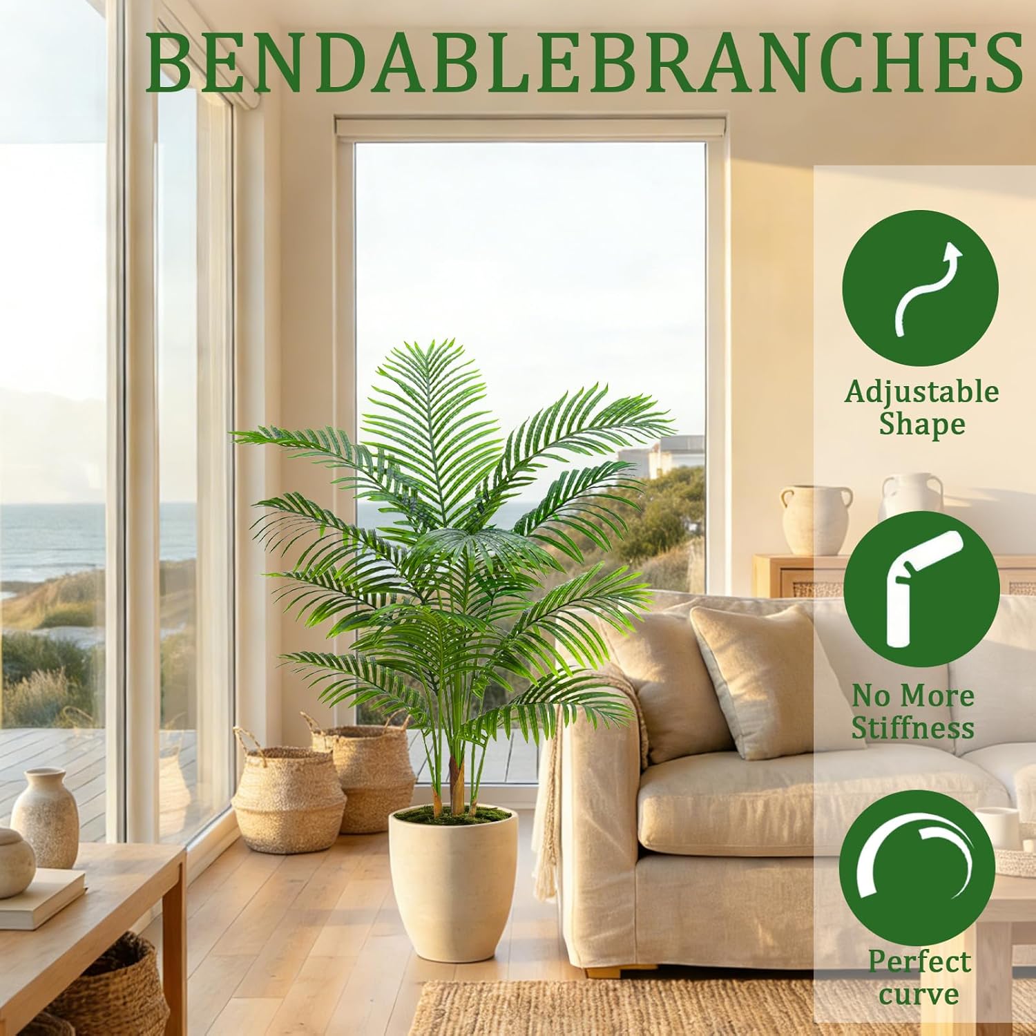 Artificial Palm Tree Indoor Plant 5FT Tall Fake Tropical Palm Tree in Pot, Real Bark Design Faux Areca Palm Tree for Home Office Living Room Bedroom Farmhouse Modern Outdoor Topiary Tree (13 Trunks) - Image 5