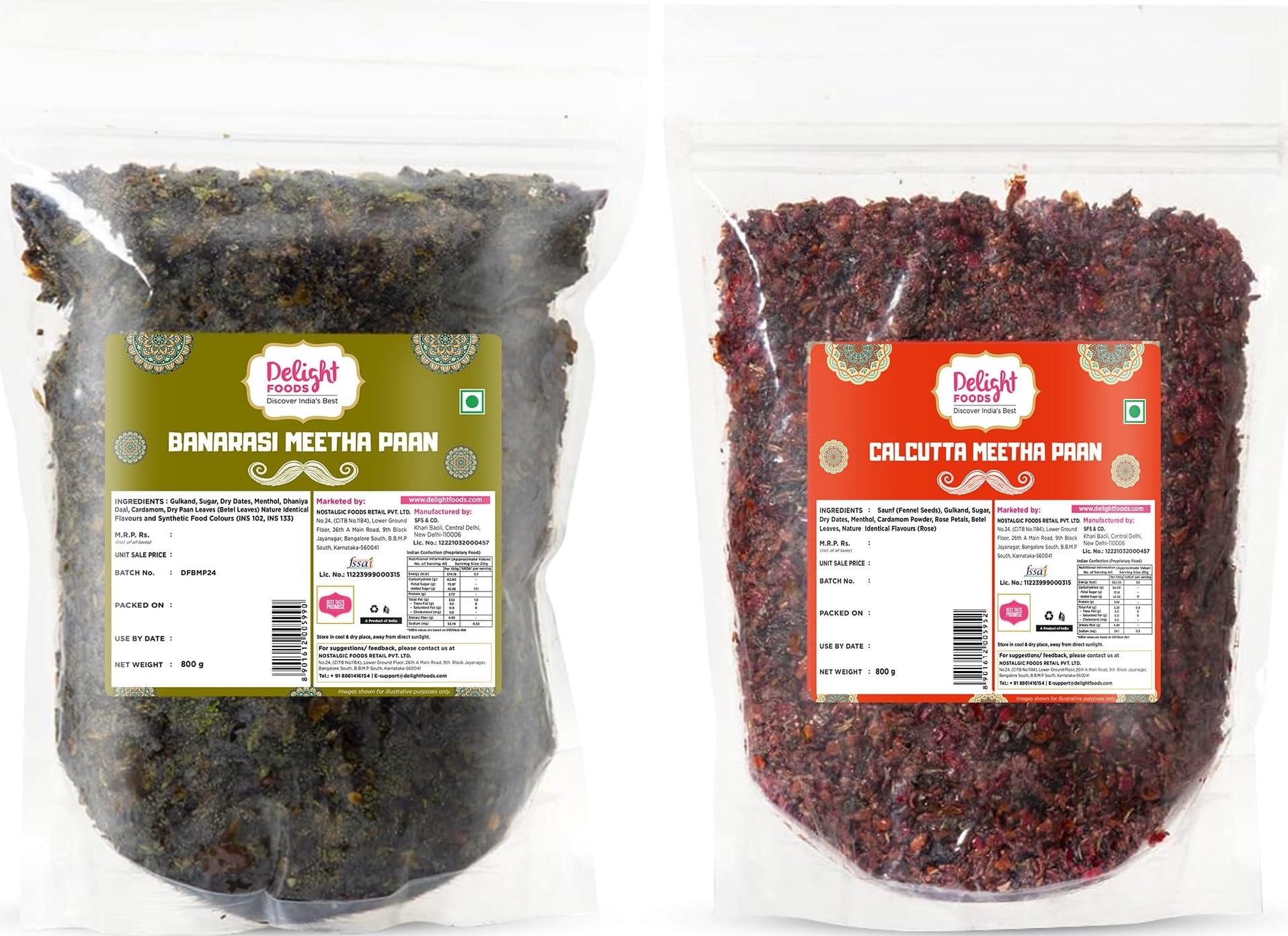 Delight Foods Calcutta Meetha Paan and Banarasi Meetha Paan 1.6 Kg (800g x 2)| Without supari | Sweet Hygienically Packed Traditional Mukhwas | Premium Mouth Freshener
