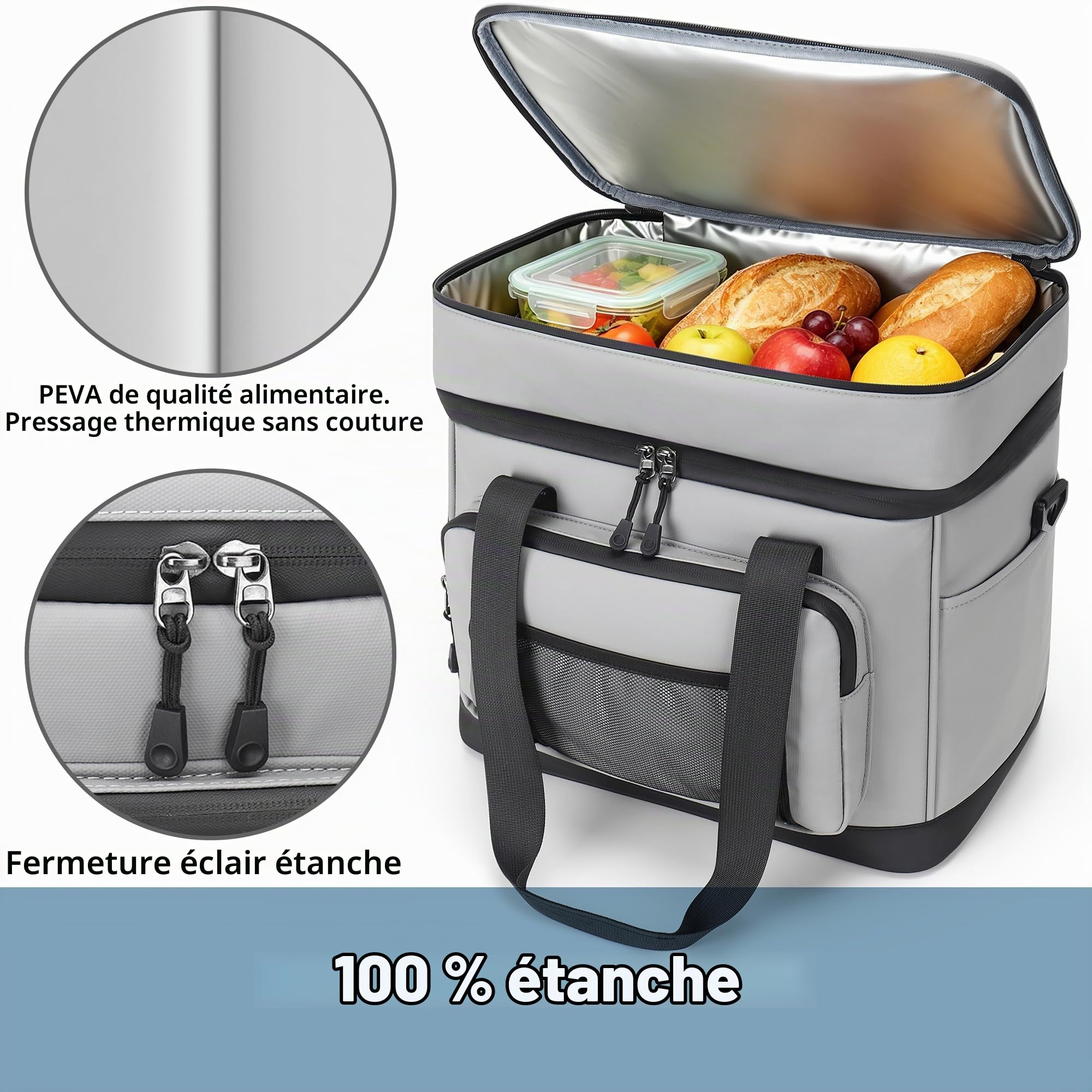 Glaciere Souple Isotherme, 40L Grand Sac Glacière Pliable, Sac Isotherme Imperméable à Double Couche Sac Pique Nique