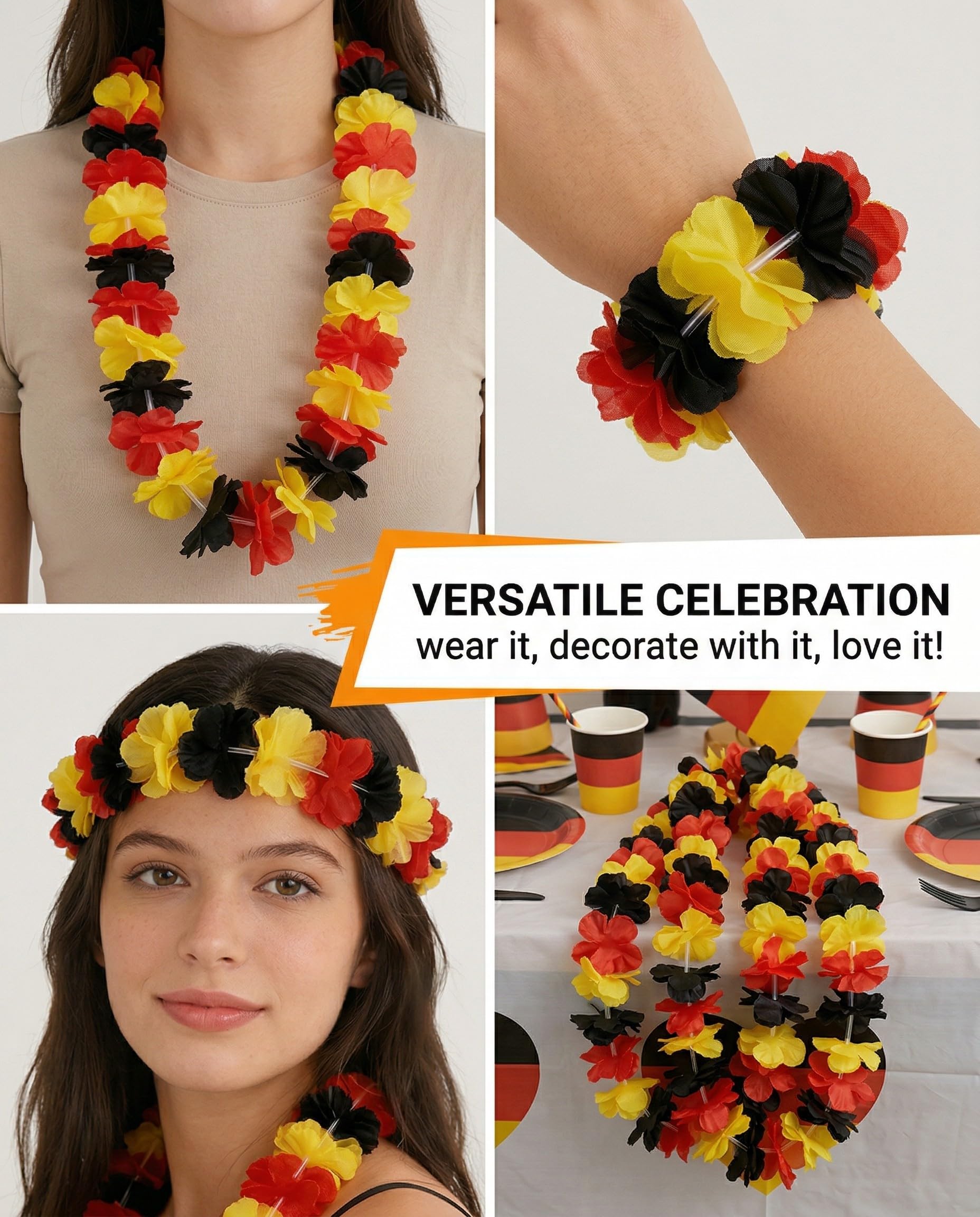 Colliers de Fleurs Allemagne 6 Pièces – Leis Hawaïens Noir Rouge Or pour Supporters Football & Fêtes Nationales