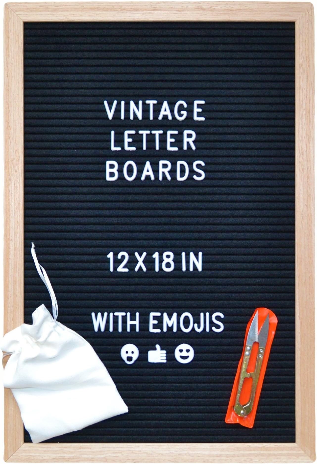 Vintage Changeable Letter Board | Oak Wood Frame 12x18 inches | Black Felt with 340 Letters, EMOJIs & Characters | BONUS Suede Letter Bag | Wall Mount | BONUS Scissors | By Vintage Letter Boards