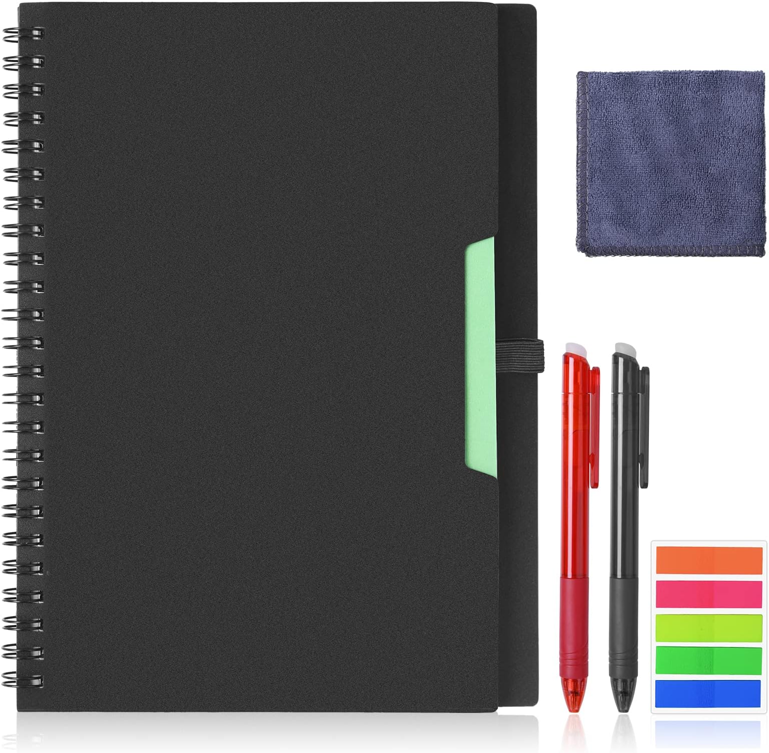 Smart Reusable Notebook A5, Wirebound Notebook with 2 Frixion Pen, Sticky Notes Flags and Wipe, Lined Notebook for Quick Sketch, Cloud Storage and Reuse (Black)