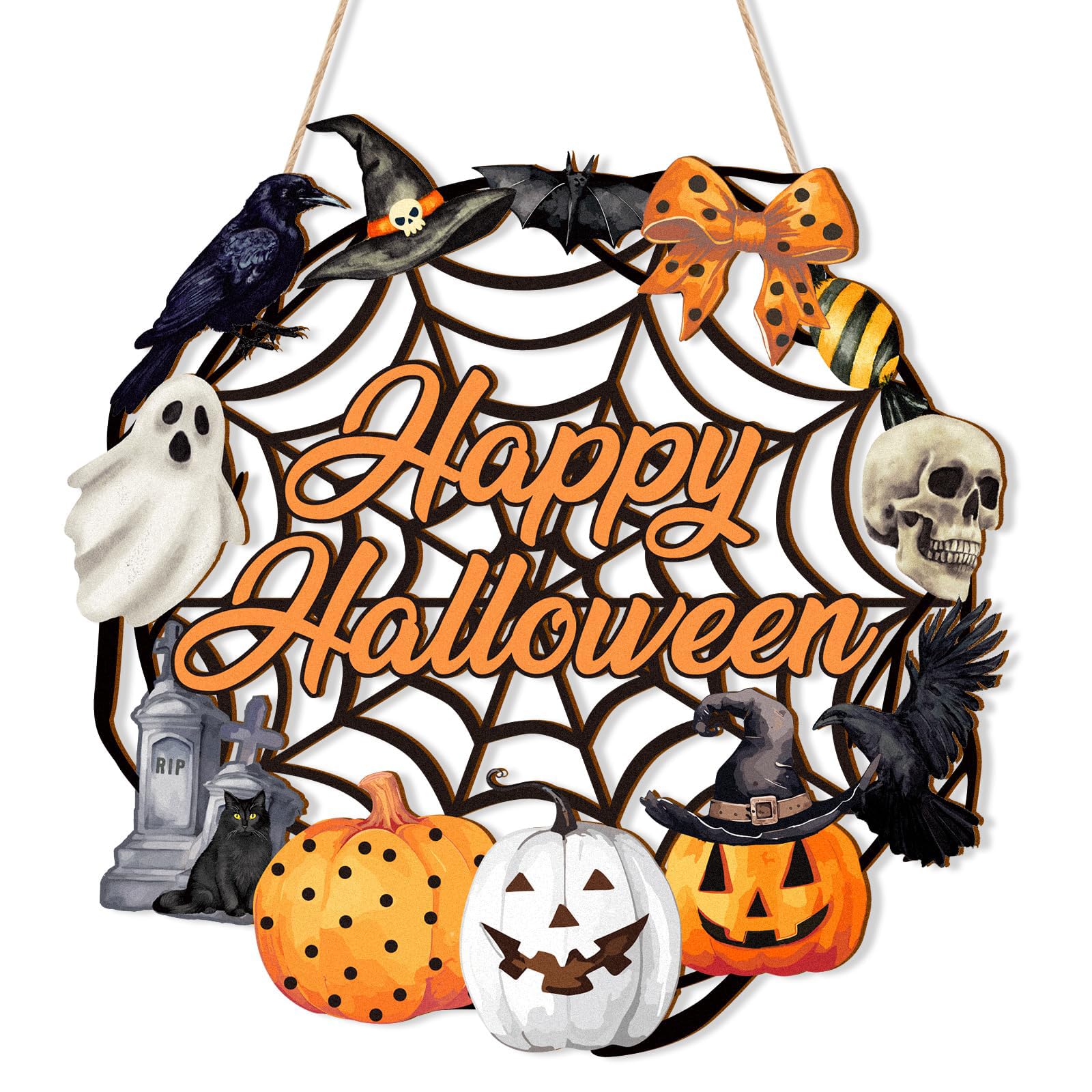 Halloween Decorations, Happy Halloween Door Wreath Sign for Outdoor Decor