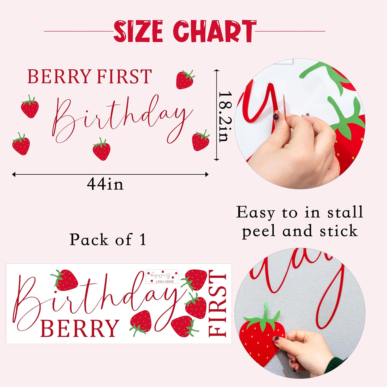 Berry First Birthday Wall Decal - Strawberry First Birthday Party High Chair Banner,Sweet One Wooden Cake Topper,Berry Party Decorations