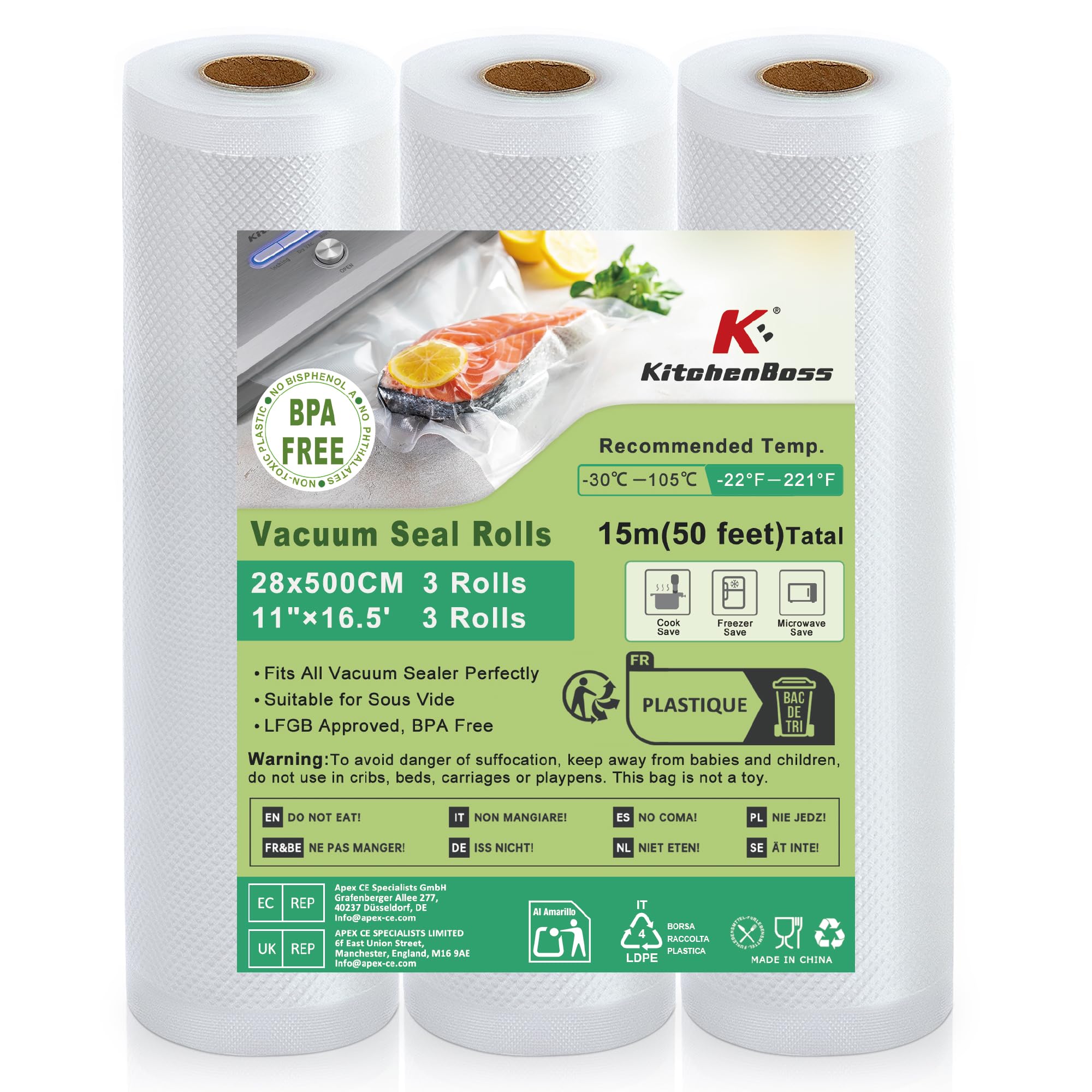 KitchenBoss Vacuümzakken voor levensmiddelen, 3 rollen, 20 cm x 5 m, in totaal 15 m, vacuümrollen met 1 snijbox (zonder schaar) BPA-vrij, voor vacuümmachine