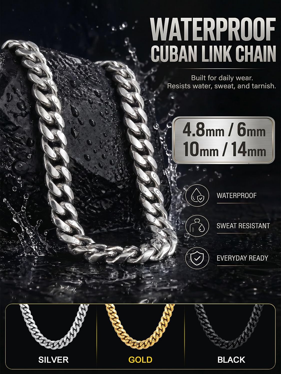ChainsPro Stainless Steel Cuban Link Chains for Men, 4.8/6/10/14mm Width Cuban Chain Necklace, Black/18K Gold Plated/Silver No Tarnish Chains Jewelry for Men, 18-30 inch Length Hip Hop Miami Necklace, Send Gift Box