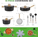 NutriChef 14-Piece Ceramic Cookware Set - Non-Stick Induction Pots & Pans | 14-piece non-stick ceramic set with glass lids, cool-touch handles & utensils - induction & dishwasher safe, Black