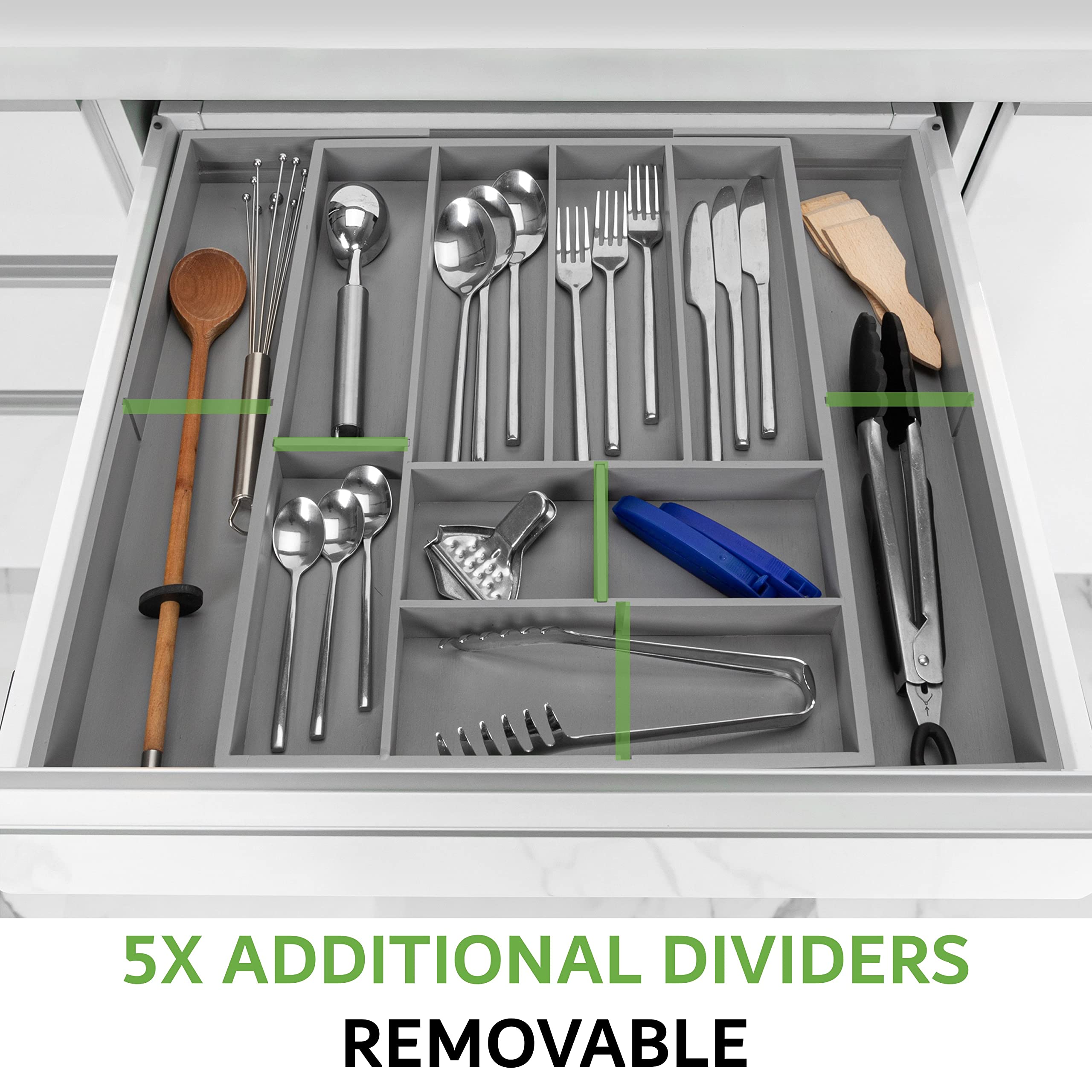 Kamoro HOME & KITCHEN Cubertero para cajon de bambú - Cubertero con 5 separadores extraíbles [de 6 a 13 compartimentos] - Organizador cubiertos con una longitud de 34 a 50 cm (blanco)