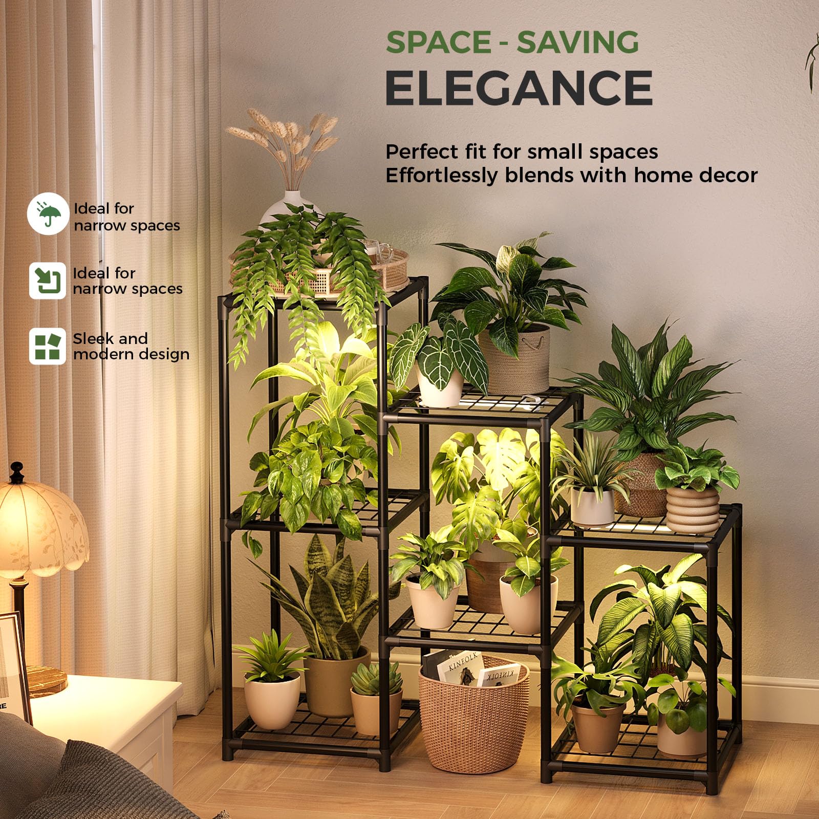 Laposso Soporte para plantas con luz de crecimiento para plantas de interior, estante de metal de 3 niveles, luces de cultivo para plantas de interior, dormitorio, sala de estar