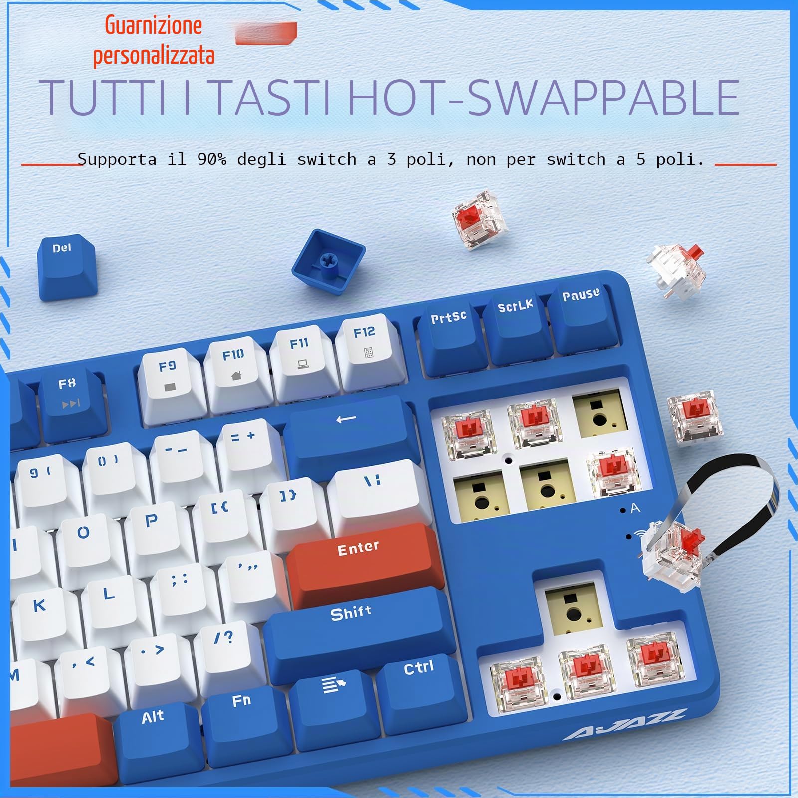 A.JAZZ AK871 Tastiera da Gioco Wireless 75%, Dual-Mode Bluetooth/2,4 Ghz, Tastiera Meccanica TKL 80% con Interruttore Rosso Linear Hot-Swappable, Compatti 87 Tasti, Senza Backlit per Win/Mac - Blu