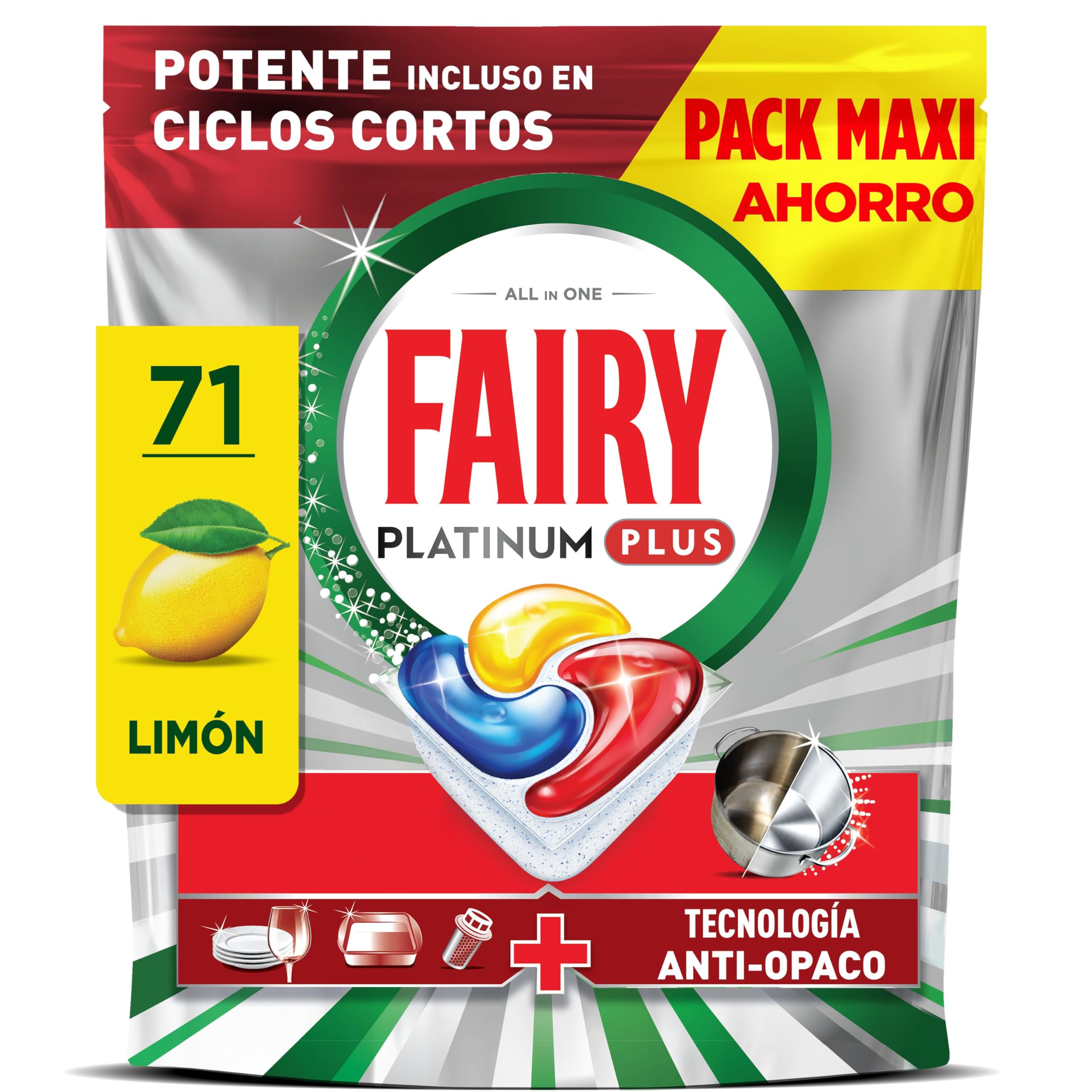 Fairy Platinum Plus Limón Cápsulas De Lavavajillas Todo En Uno, 71 Cápsulas, Nuestra Mejor Limpieza Que Deja Los Platos Como Nuevos, Elimina La Falta De Brillo Y Evita La Cal en oferta en Amazon