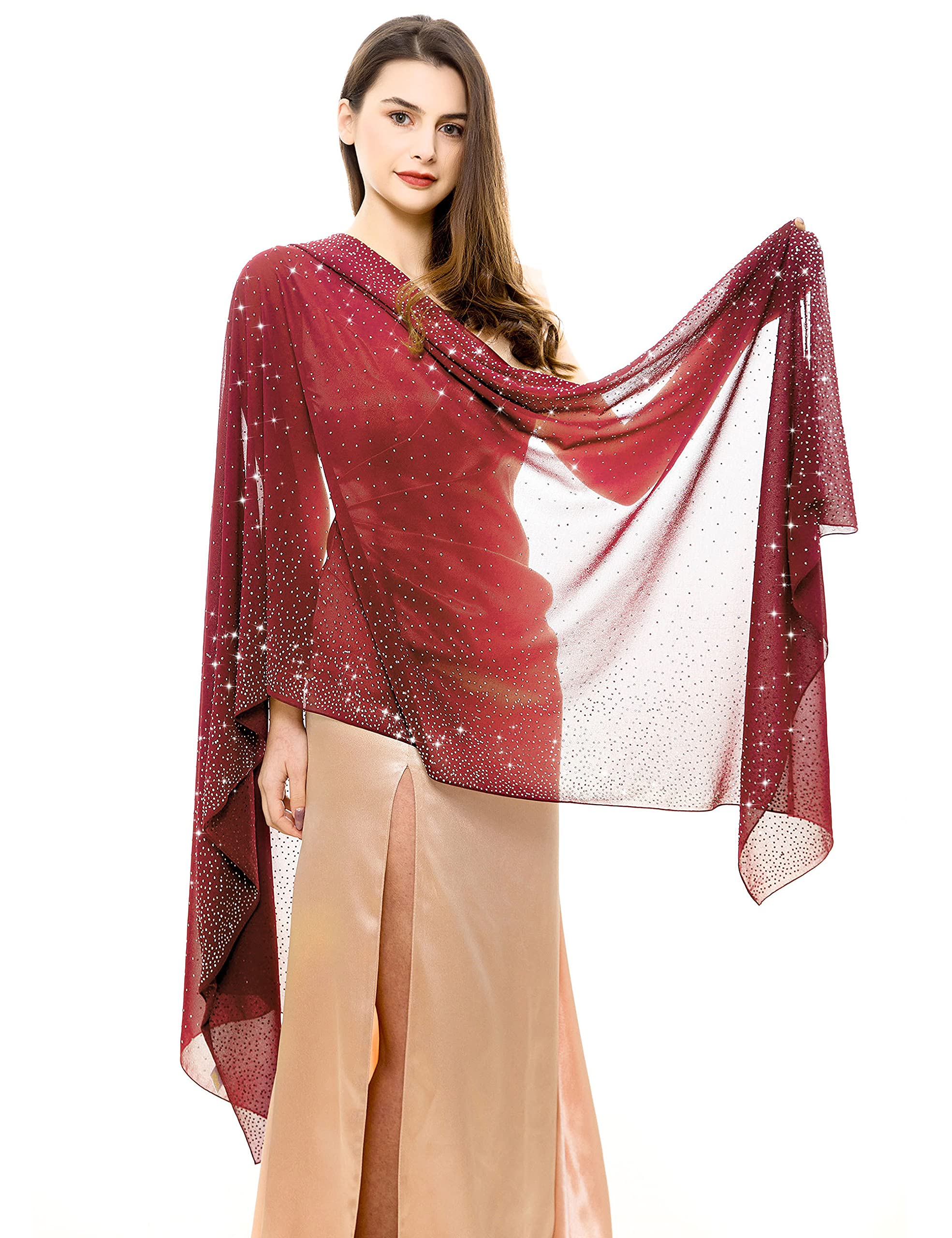 REEMONDE Womens Rhinestone Chiffon Pashmina Shawl, Red, 80 x 27.5 Inch