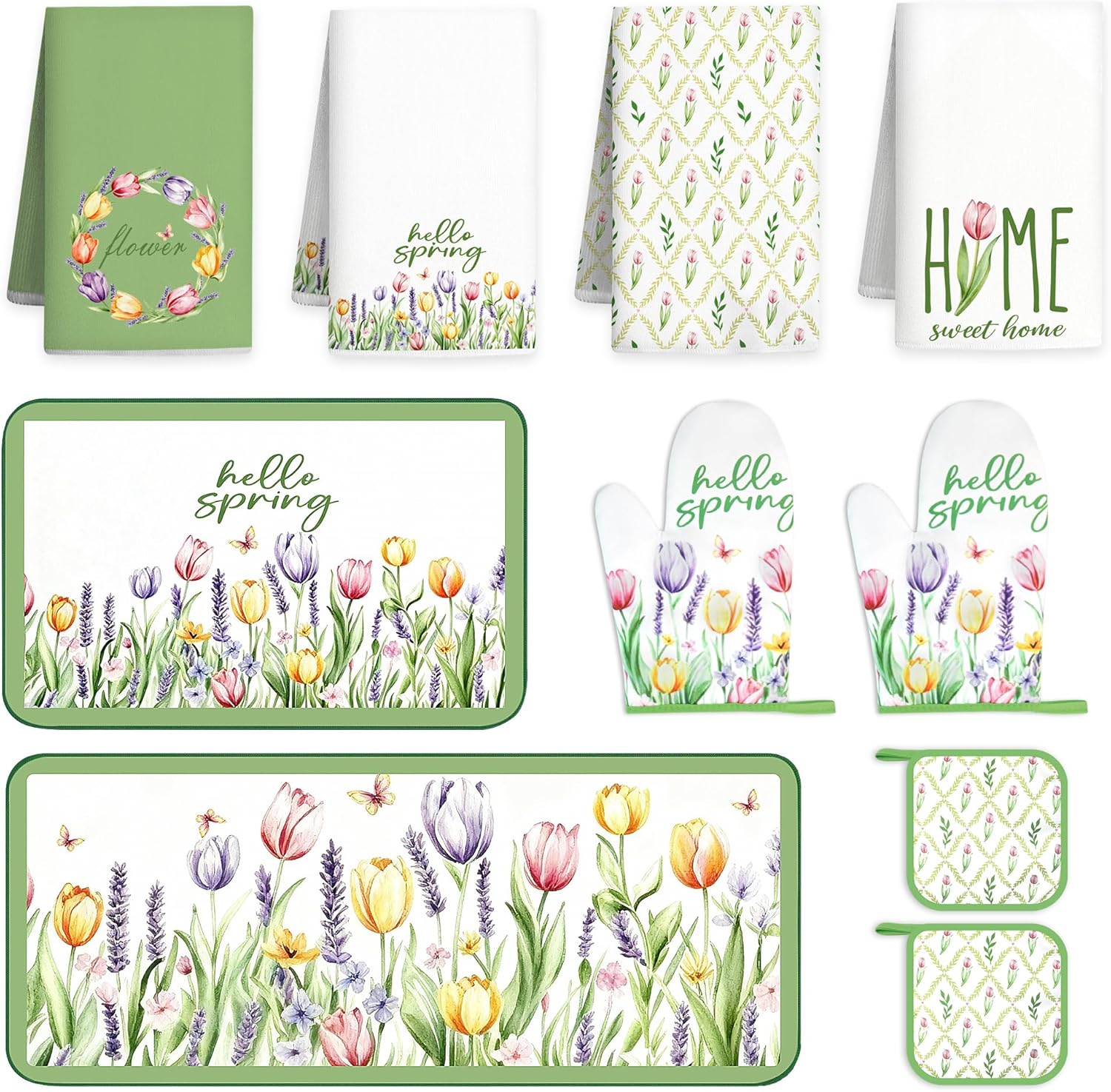 10 Pcs Tulip Floral Spring Style Kitchen Decor and Accessories Set 4 Kitchen Towels 2 Pot Holders 2 Oven Mitts 2 Rugs for Cooking Baking Mom Housewarming Gifts(Green and White)