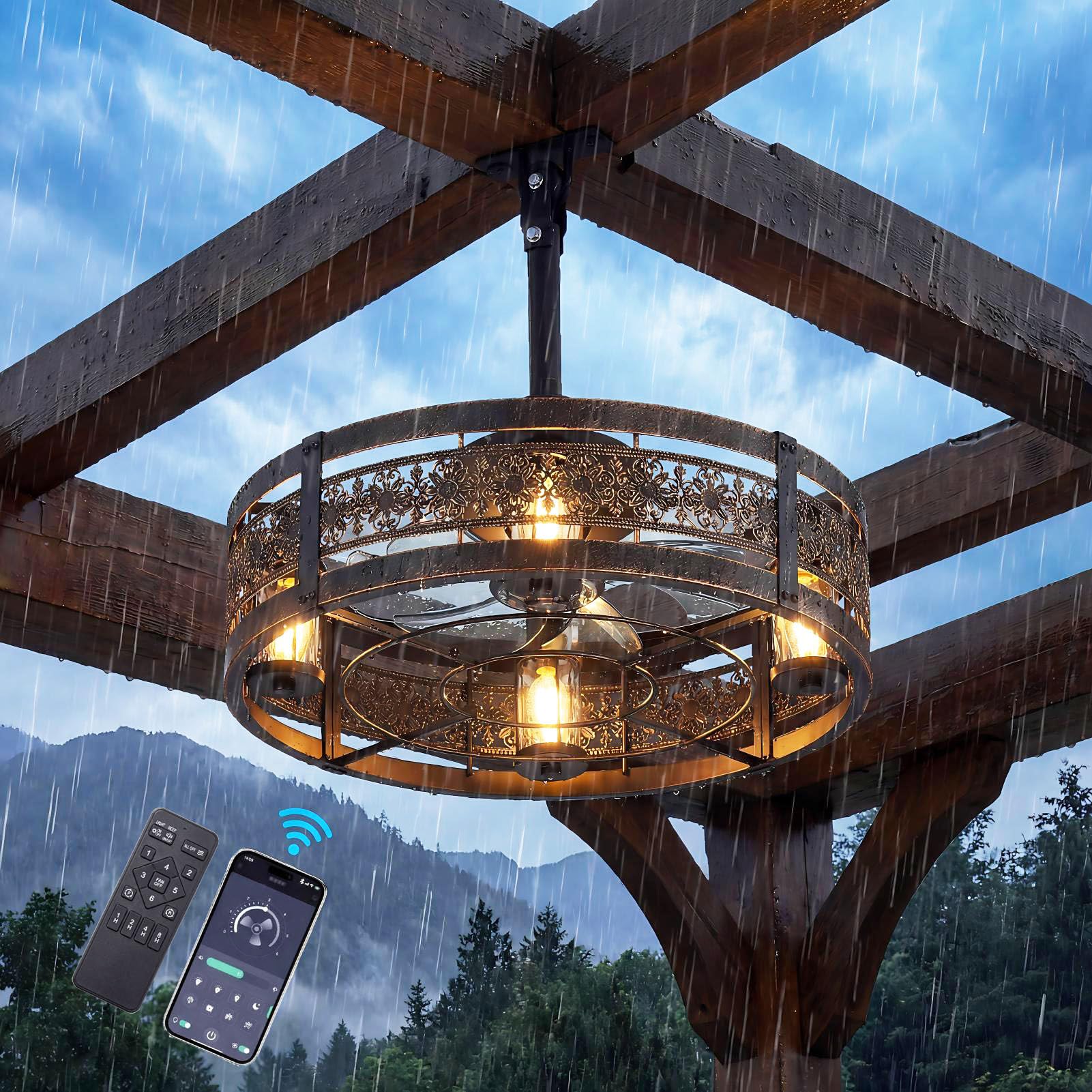 Photo 1 of Virelite 20" Vintage Bronze Outdoor Ceiling Fan with Lights, Plug-in Enclosed Gazebo Fan, Remote Control, Reversible DC Motor for Porch, Deck & Balcony