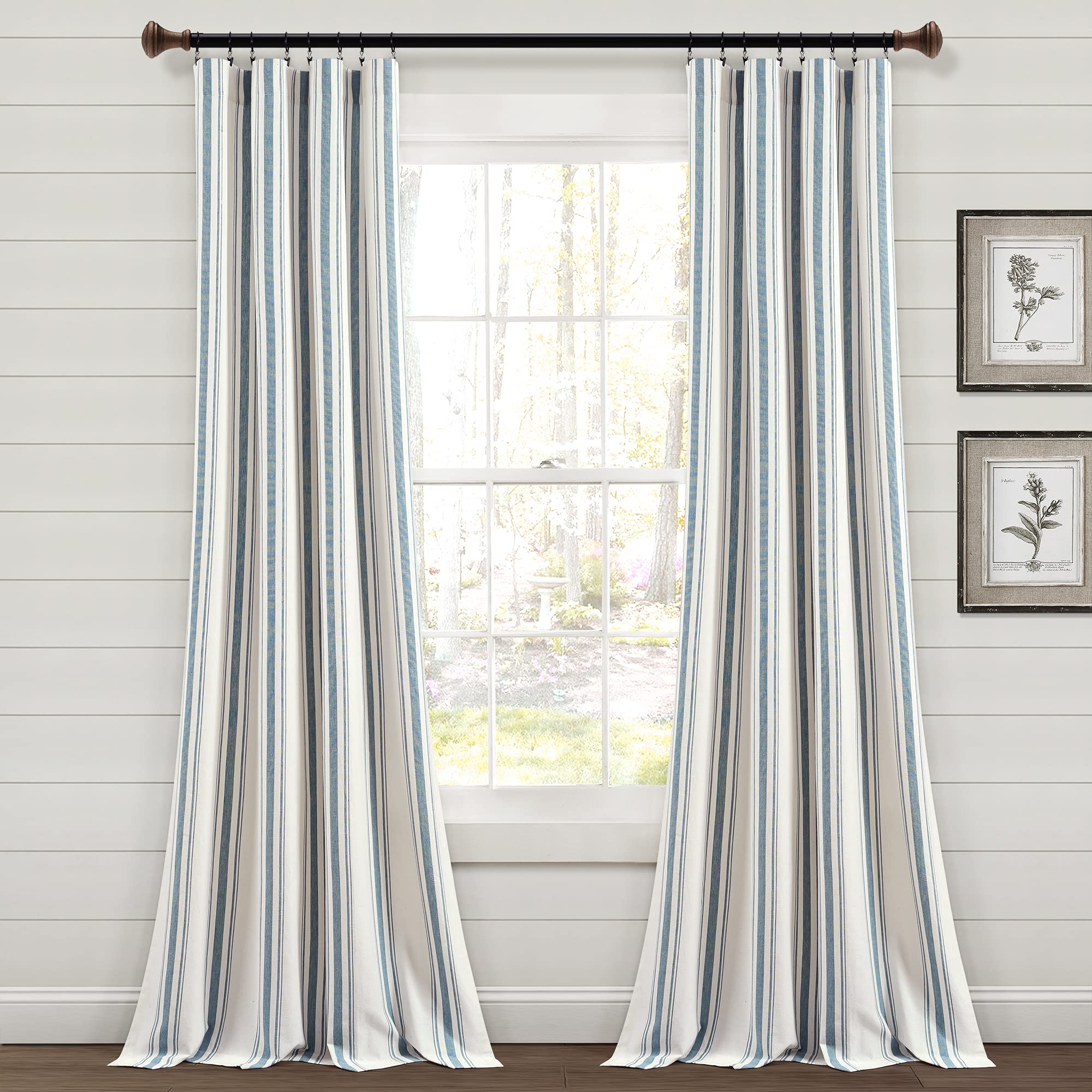 Lush Decor Farmhouse Stripe Yarn Dyed Eco-Friendly Recycled Cotton Window Curtain Panel Pair, 95" L x 42" W, Blue