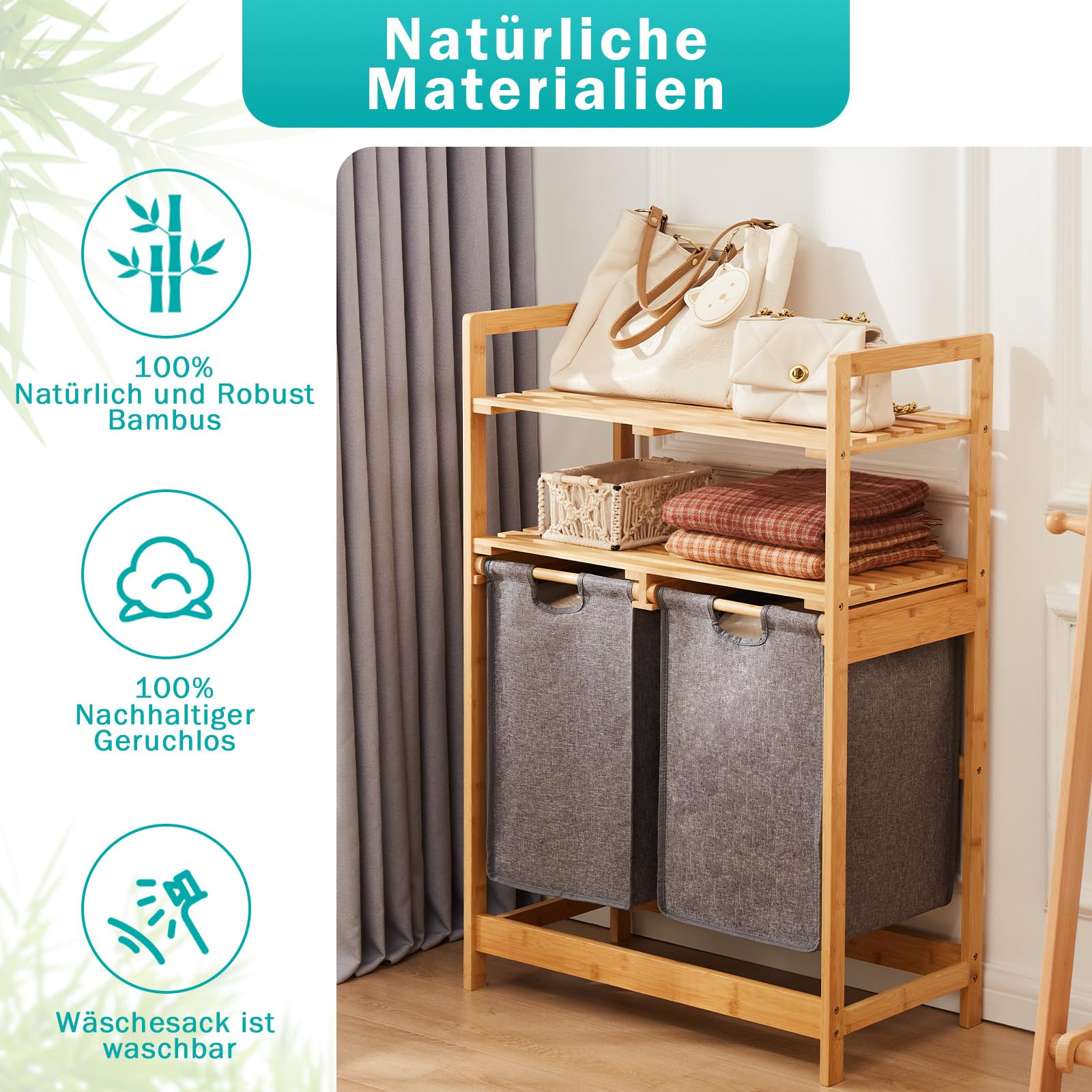 YOUDENOVA Cesto portabiancheria in bambù con 2 ripiani con 2 sacchetti di lavanderia estensibili per camera da letto, bagno o lavanderia, 93 x 64 x 33 cm, grigio