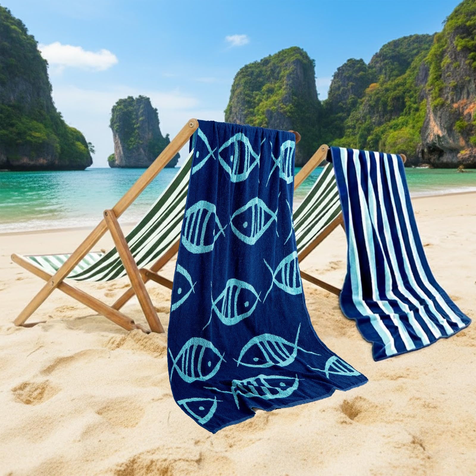 CASA COPENHAGEN Miami Towel 2Pcs Fish Blue - Blue Stripe Designer Stripe Beach Towels Gift Set, 76 x 152 cm, Oversized 100% Cotton Pool Bath Towel for Beach Gift Set (Summer Gift Set For Women & Men)