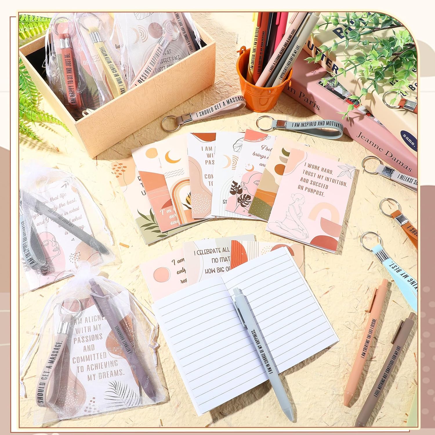 Mooliwe 72 Pcs/24 Set Positive Affirmation Gift Set Gratitude Notebooks with Affirmation Pens Keychains Small Bags Motivational Notepads for Women Coworkers Christmas Adult Party Favors(Elegant) - Image 5