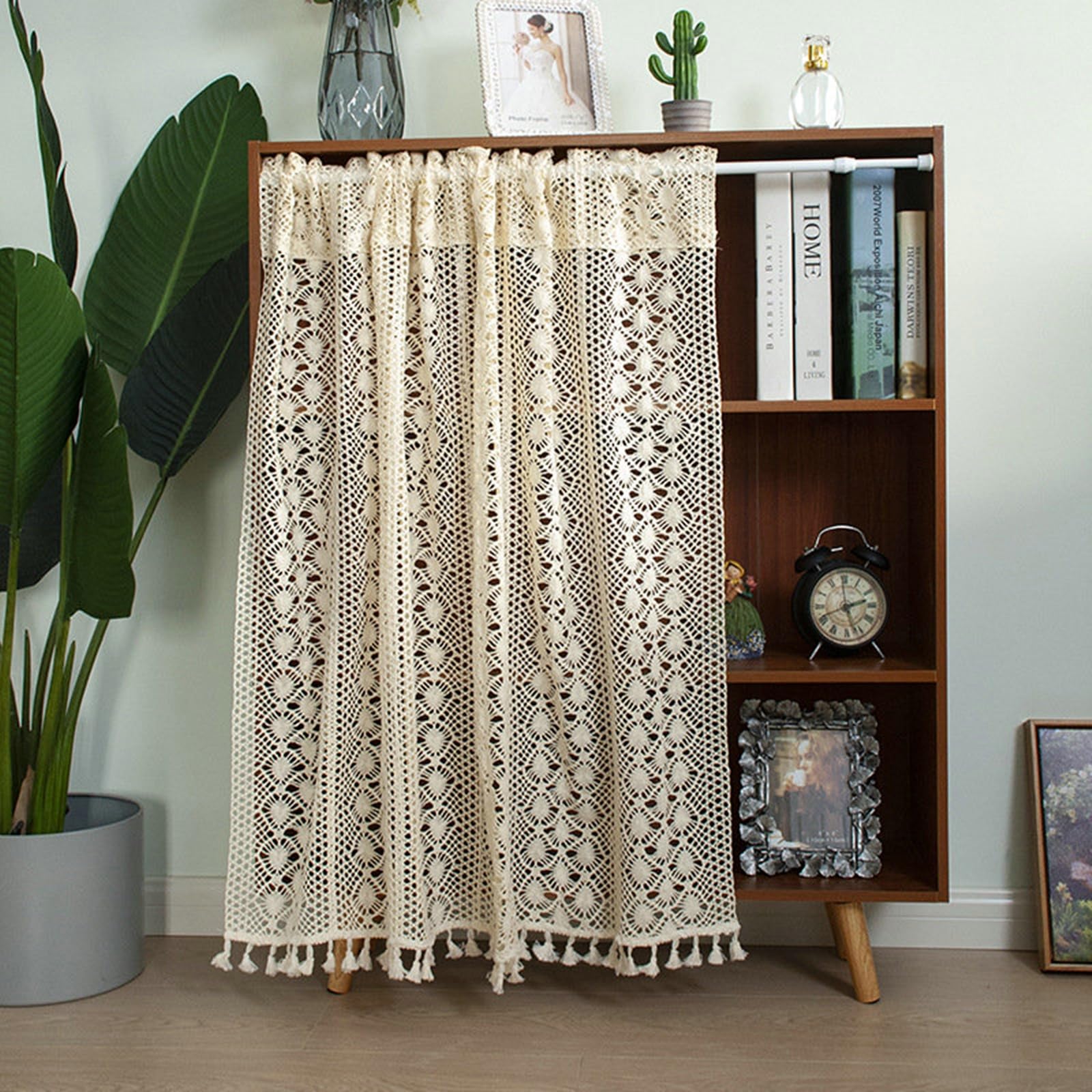 Epinki Zazdrostki i krótkie zasłony łazienkowe, beżowe, półprzezroczyste, styl vintage, boho, kwiatowy wzór z frędzlami, poliester, bawełna, zasłona woalowa, 1 sztuka, 150 x 120 cm (szer. x wys.)