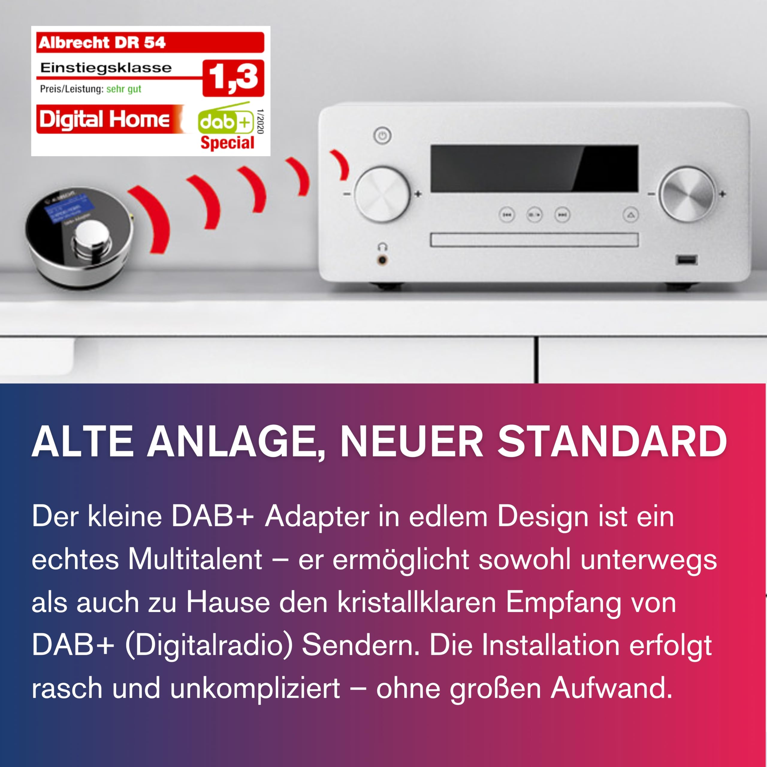 Albrecht DR 54 Digitalradio-Tuner, Mini Adapter mit FM-Transmitter, Aufrüsten von KFZ-Radios & heimischen Stereo-Anlagen, DAB + Sender-Empfang