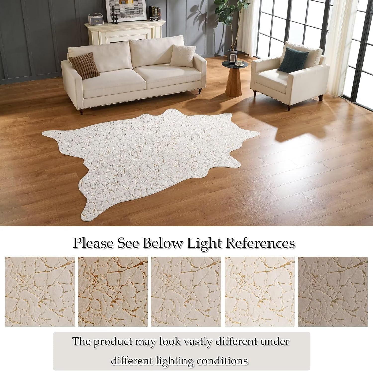 Premium Faux Fur Cowhide Rug,Large Carpet Non-Slip Cow Print Rugs,Suitable for Bedroom Living Room Western Decor,Faux Fur Animal Cow Hide Carpet-White and Gold-6.3 * 9FT(75 * 110inch)