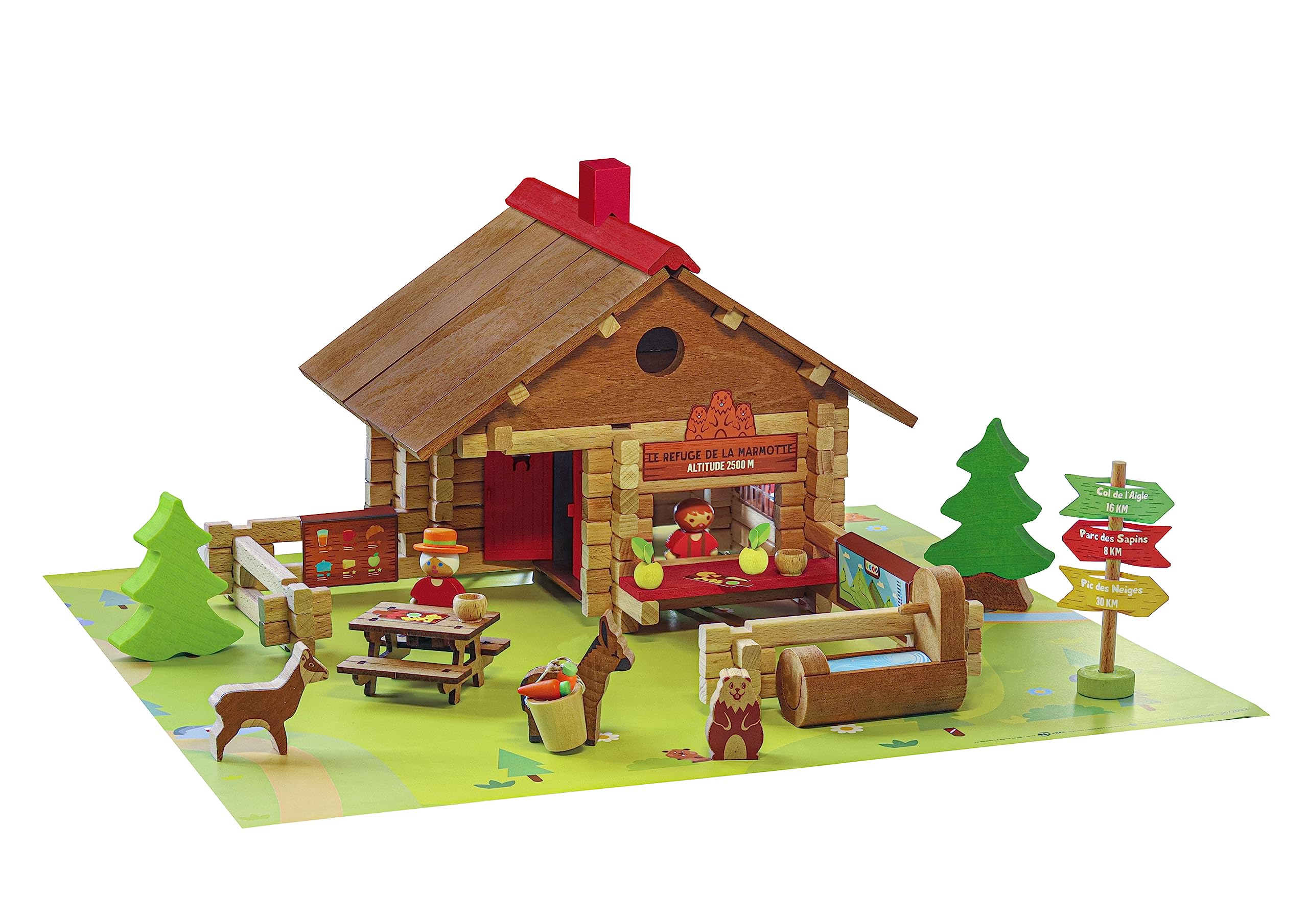 Jeujura - Refuge de la Marmotte 150 Pièces - Jeu Construction 5 Ans - 8090 | Personnages, animaux et tapis de jeu inclus - Valisette de rangement - Jeu en bois enfant - Imagination - Fabriqué en France