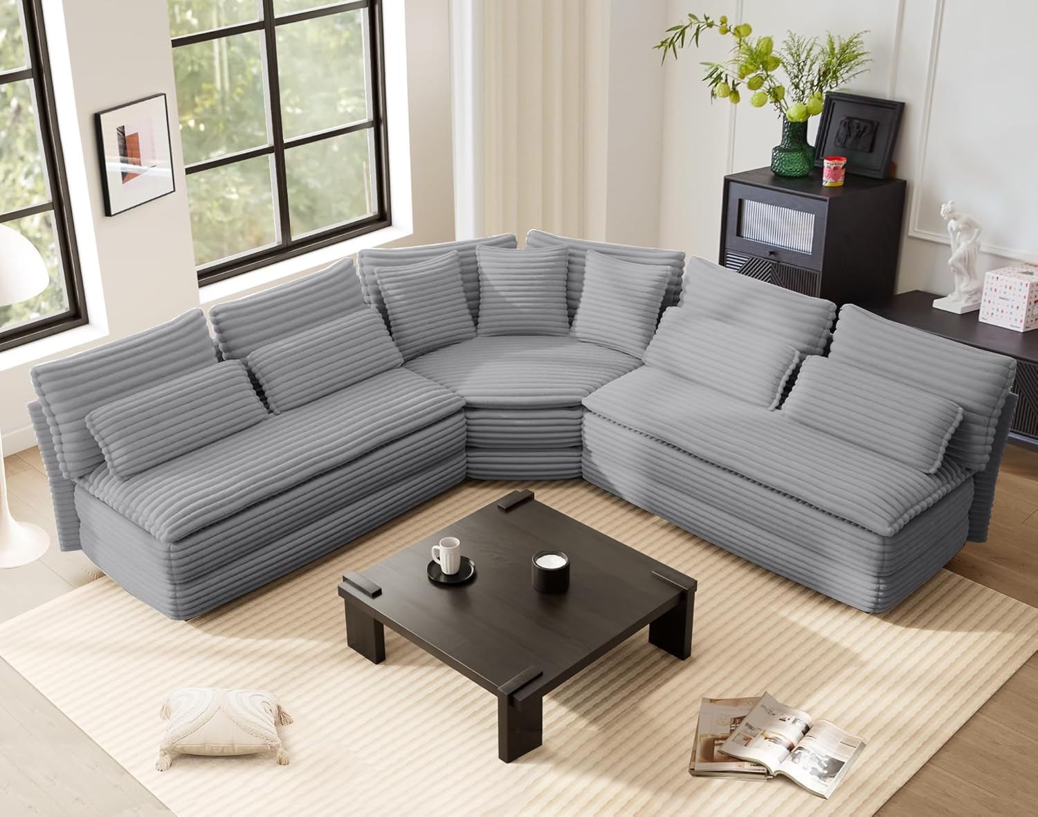 103'' L Shaped Corner Sectional Sofa,5-Seater Cloud Corner Couch with Pillows, Large Comfy Corduroy L Couch for Living Room,Apartment,Bedroom (Gray)