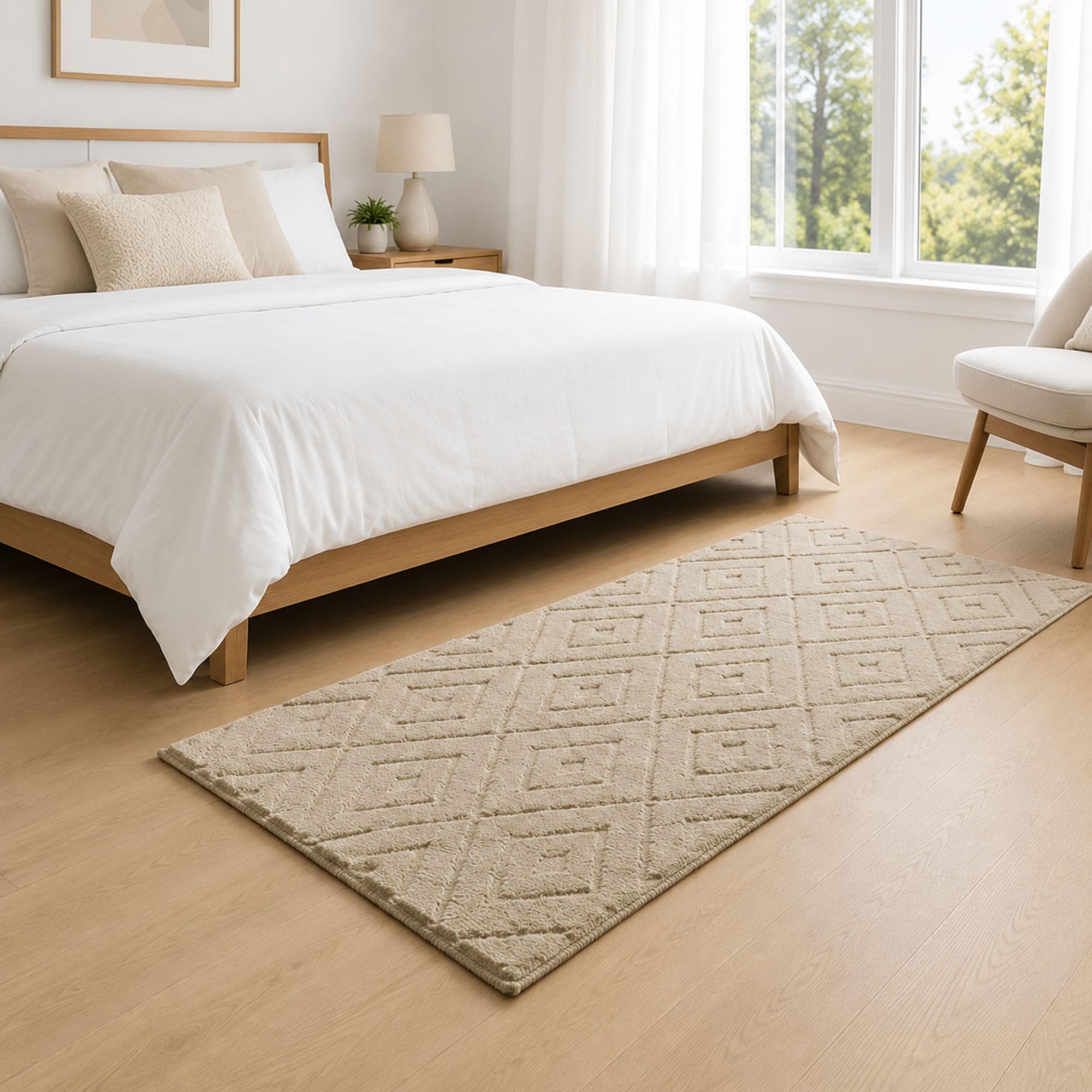 Aspire Homeware Small Rugs For Bedroom 60x110 cm – 100% Polyester Machine Washable Beige Rugs Living Room Anti Slip Bedside Carpet, Modern Hollow Square High Low Pile Rug For Kids Room Non Shedding