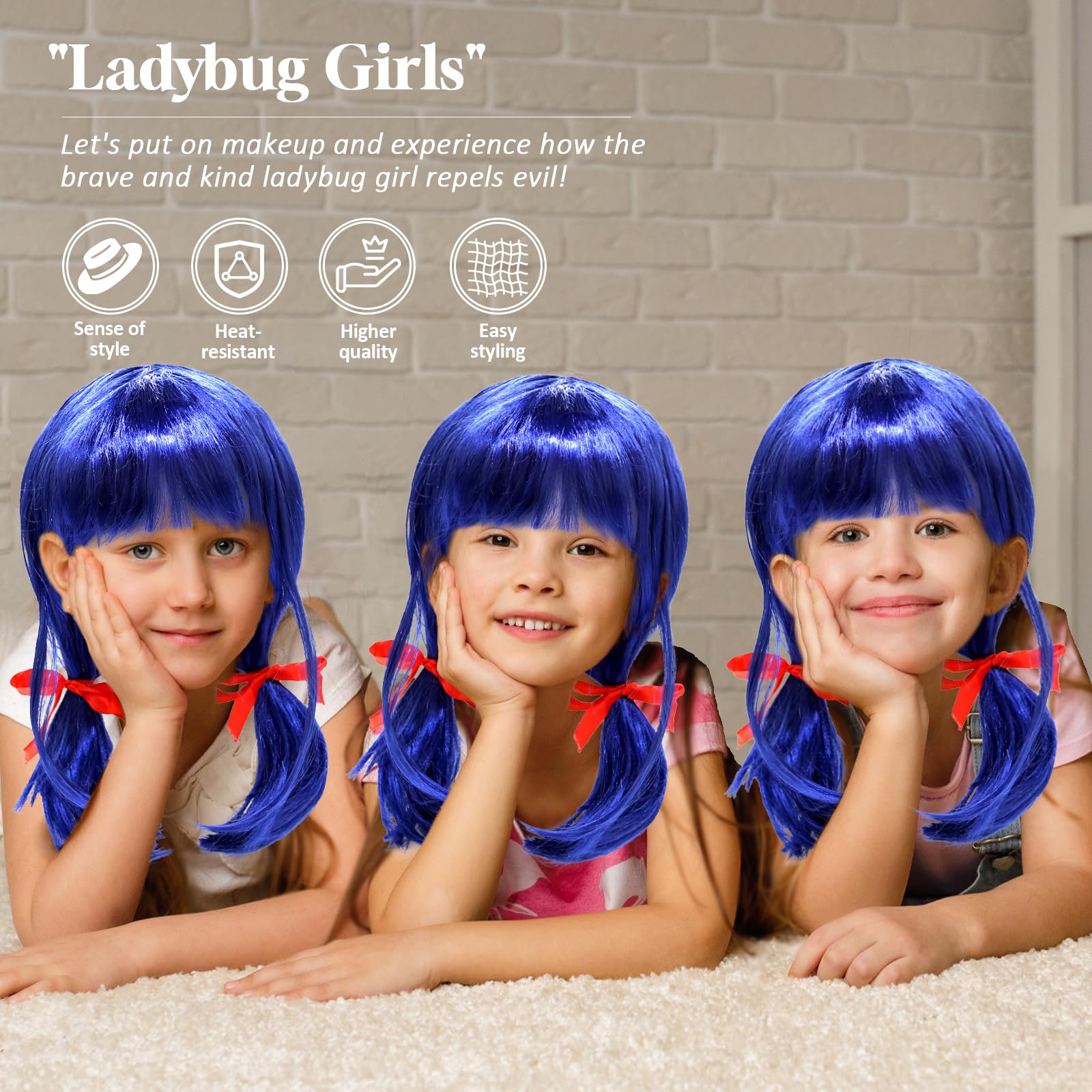 Perruque Ladybug Enfants, Courte Cosplay Bleue, Ladybird Filles avec Rubans Rouges, Perruque en Fibre Synthétique, Costume Carnaval Mascarade