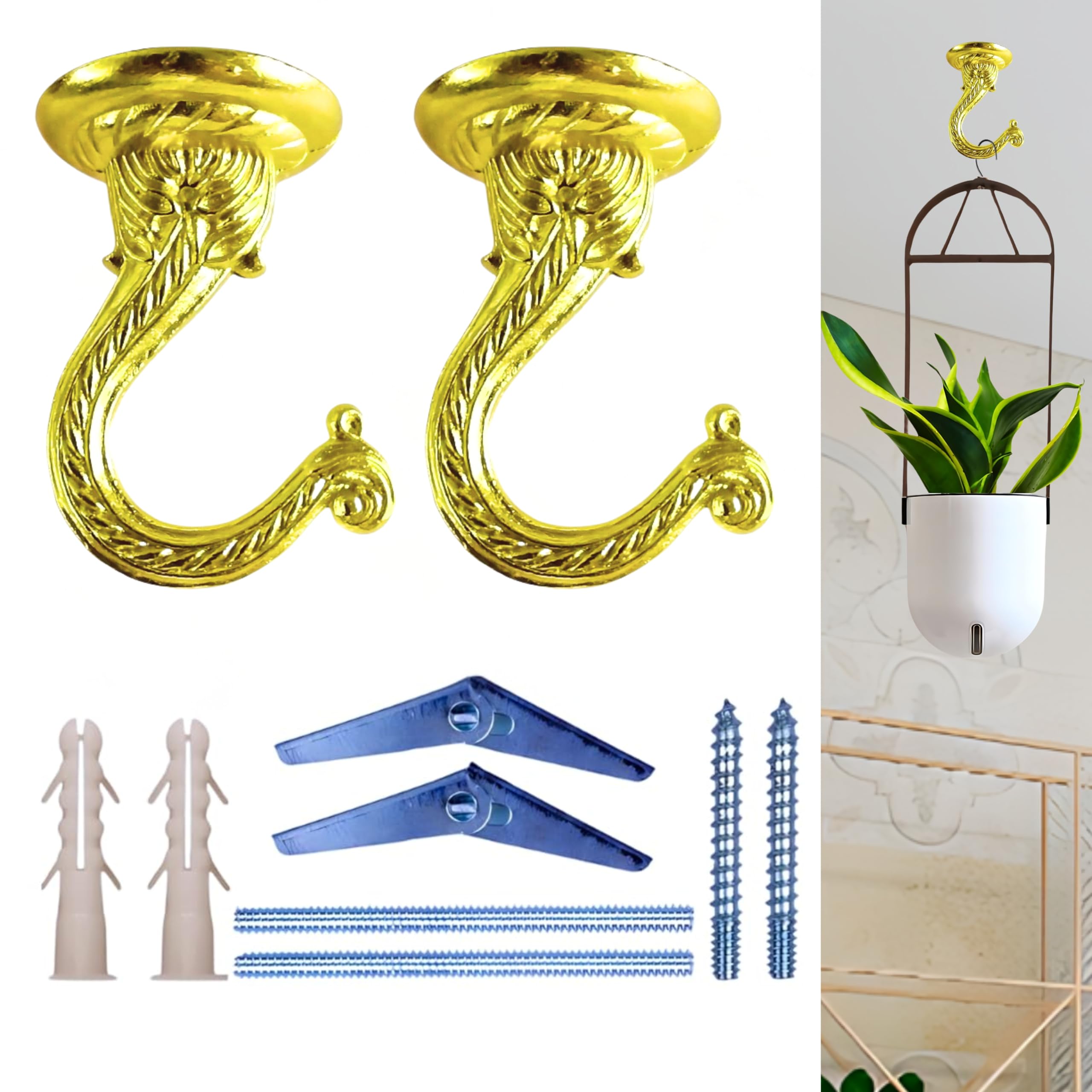 Indian Discovery® Antique Decorative Swag Ceiling Hooks for Hanging Plants, Metal Wall/Ceiling Brackets for Hanging Planters, Lanterns, Windchimes, Bird Feeders, Hang Pots (Royal Brass: Set of 2)