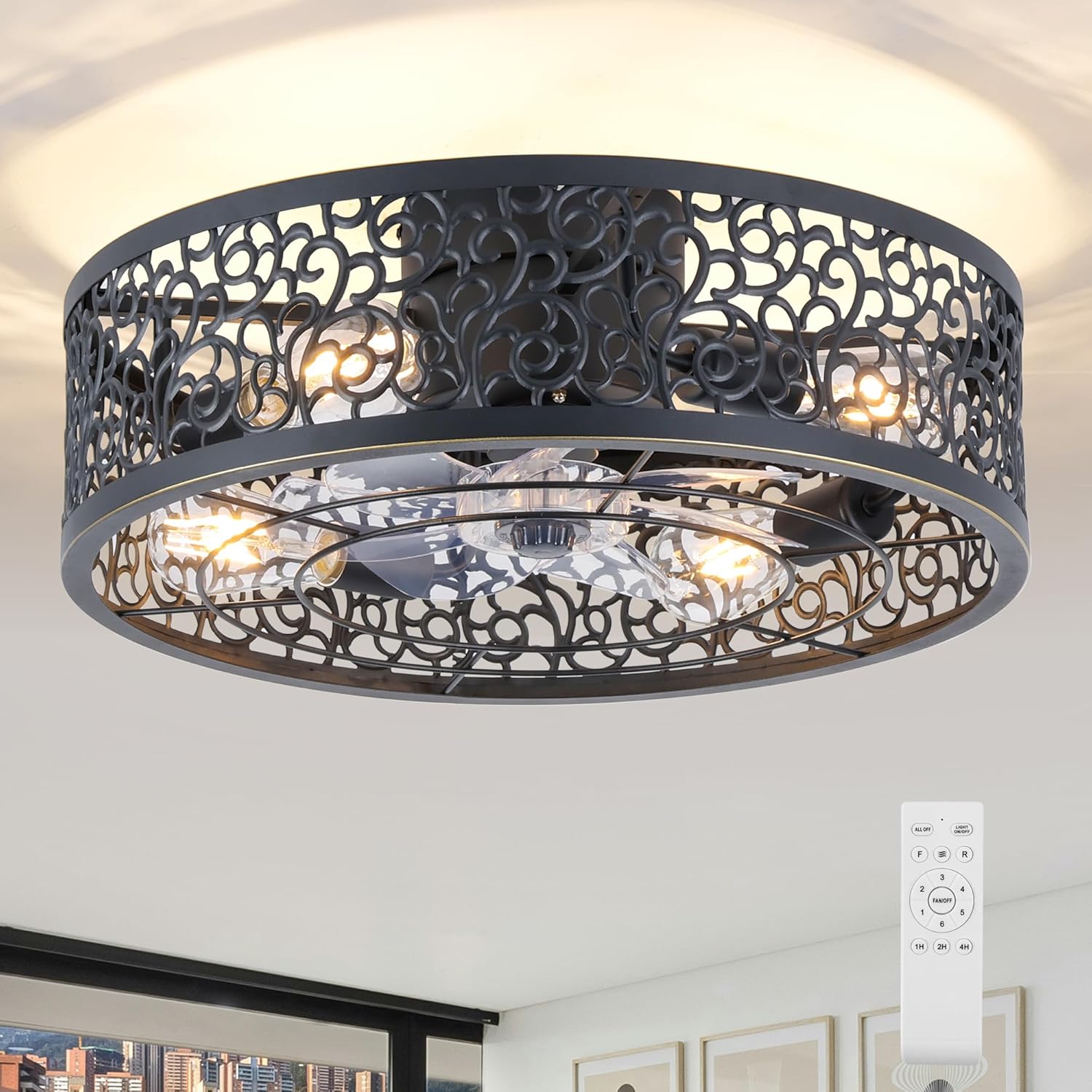 COCOSTAR Small Industrial Ceiling Fan with Light and Remote, 20in Black Caged Fandeliers with Lights for Kitchen, Bedroom（4 Speed, Timing）