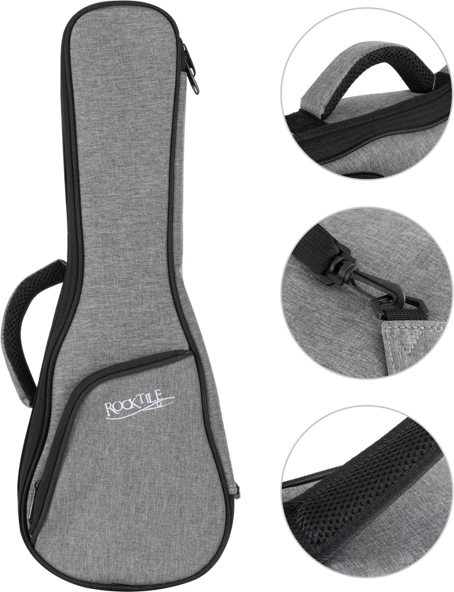 ROCKTILE Bolsa Ukelele Soprano - Funda de Transporte Impermeable et Resistente al desgarro Acolchada para ukeleles - Bolsillo Exterior Acolchado para Accesorios - Bandolera Ajustable - Gris