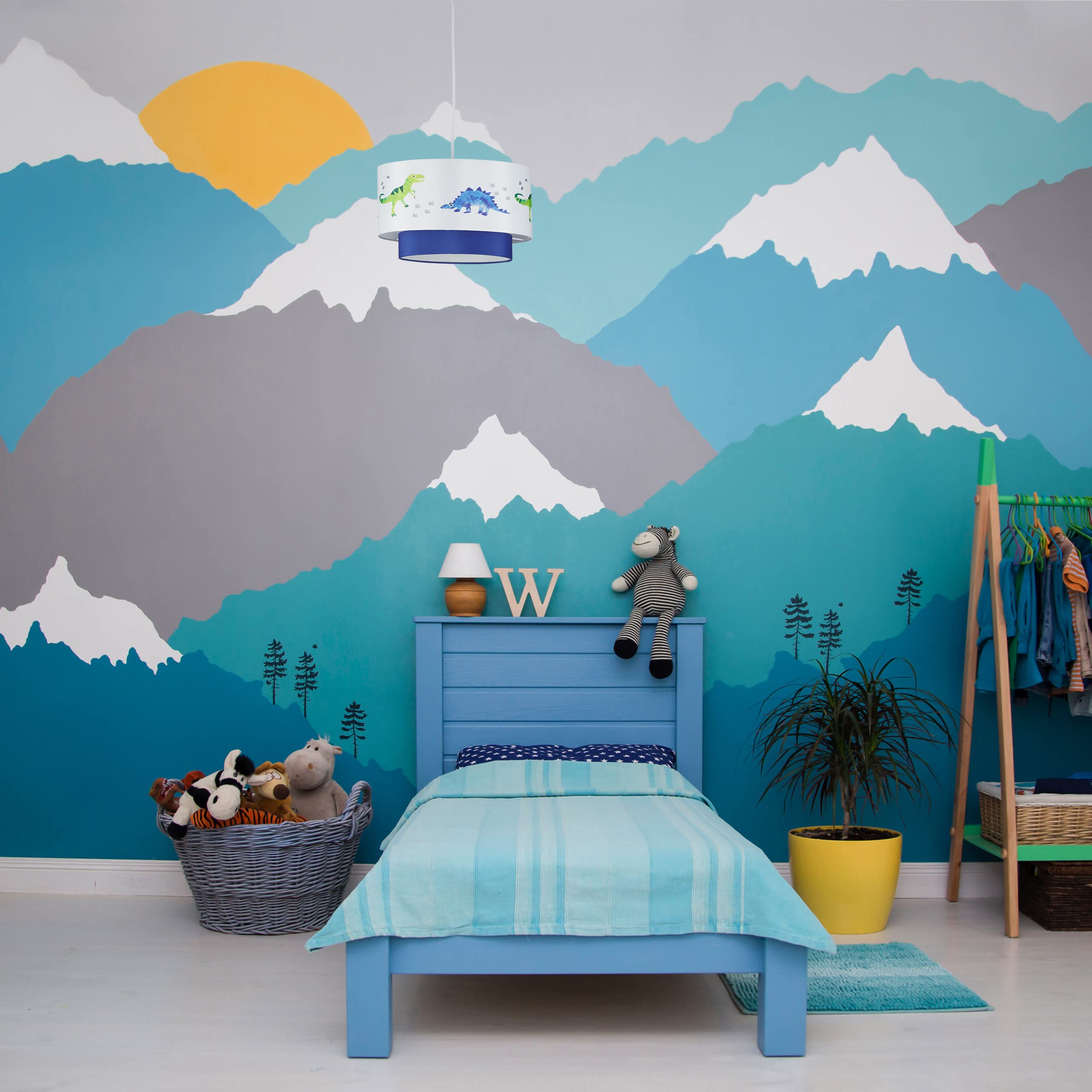 Relaxdays Lámpara de techo con dinosaurios, Pantalla redonda, Iluminación agradable, 126x30 cm, 1 Ud., Azul & Blanco