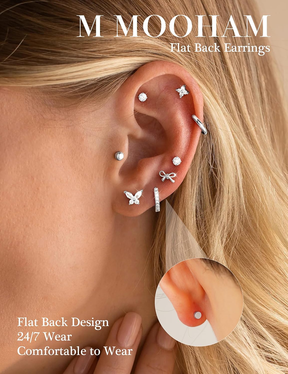 M MOOHAM Flat Back Stud Earrings for Women - 14K Gold Chunky Hoop Earrings Hypoallergenic Earring for Sensitive Ears Earring Set for Multiple Piercing Jewelry Gifts - Image 2