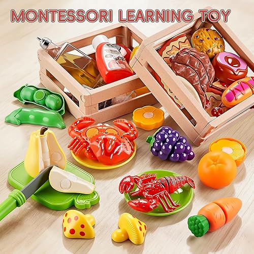 Miniatura 4 de Juego de accesorios de cocina, juego de cocina grande de acero inoxidable para niños con comida de corte, condimentos, delantal de chef y sombrero,