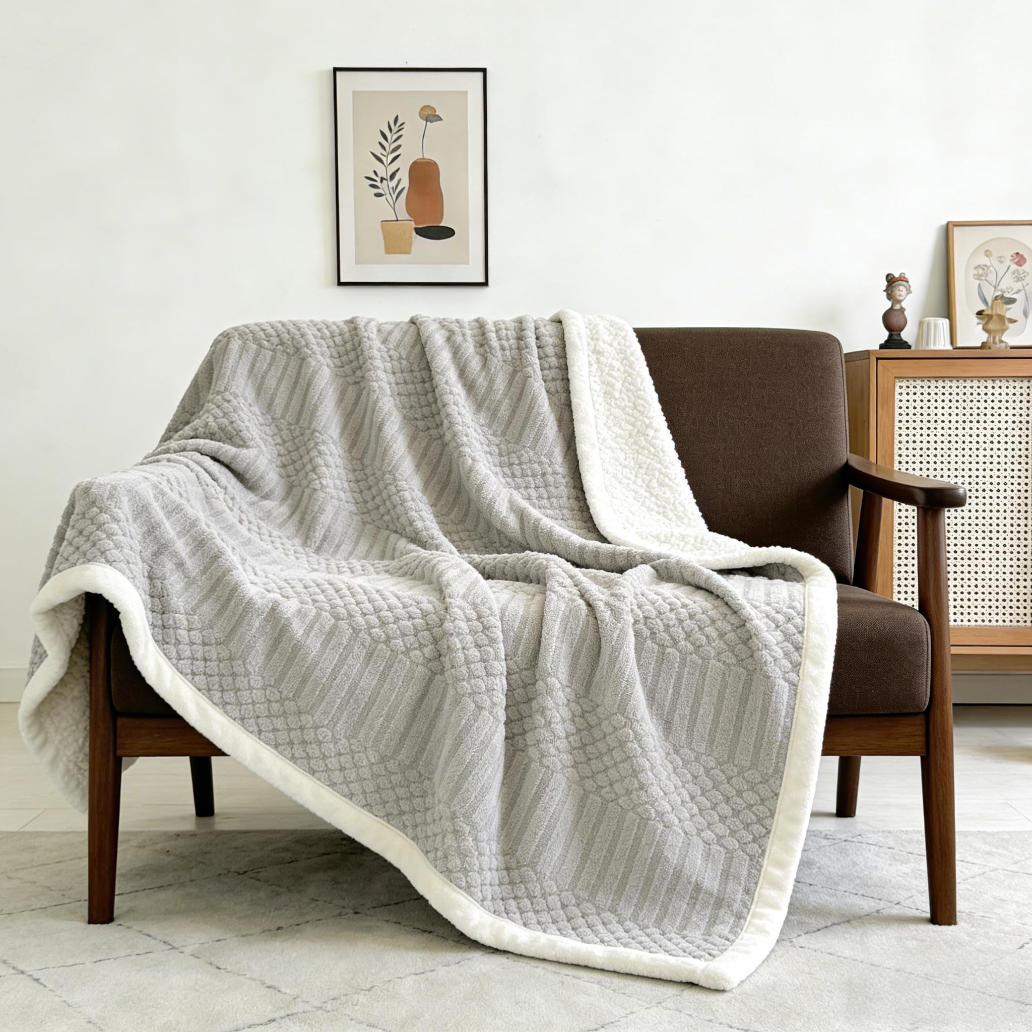 Grey Sherpa Fleece Super Soft Blanket For Bed Cozy Warm Throw Double Size Blankets For Sofa, Couch, Armchair, 150X200cm,