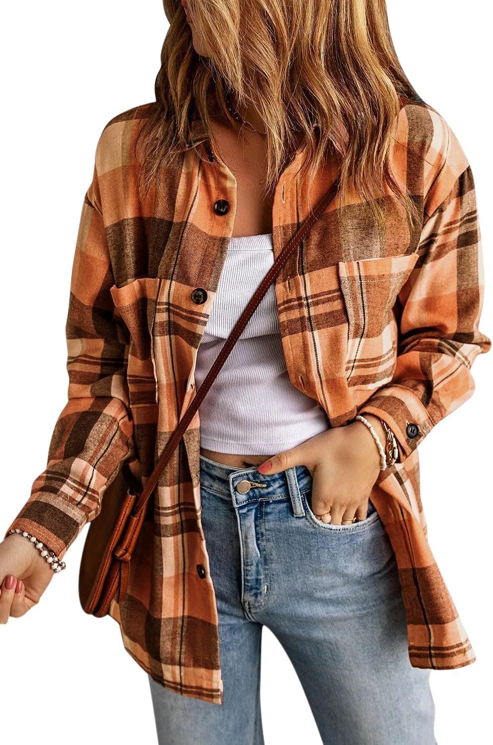 Womens Casual Flannel Plaid Shirts Oversized Lightweight Fall Shirt Coat Long Sleeve Button Down Shirts Blouse Tops