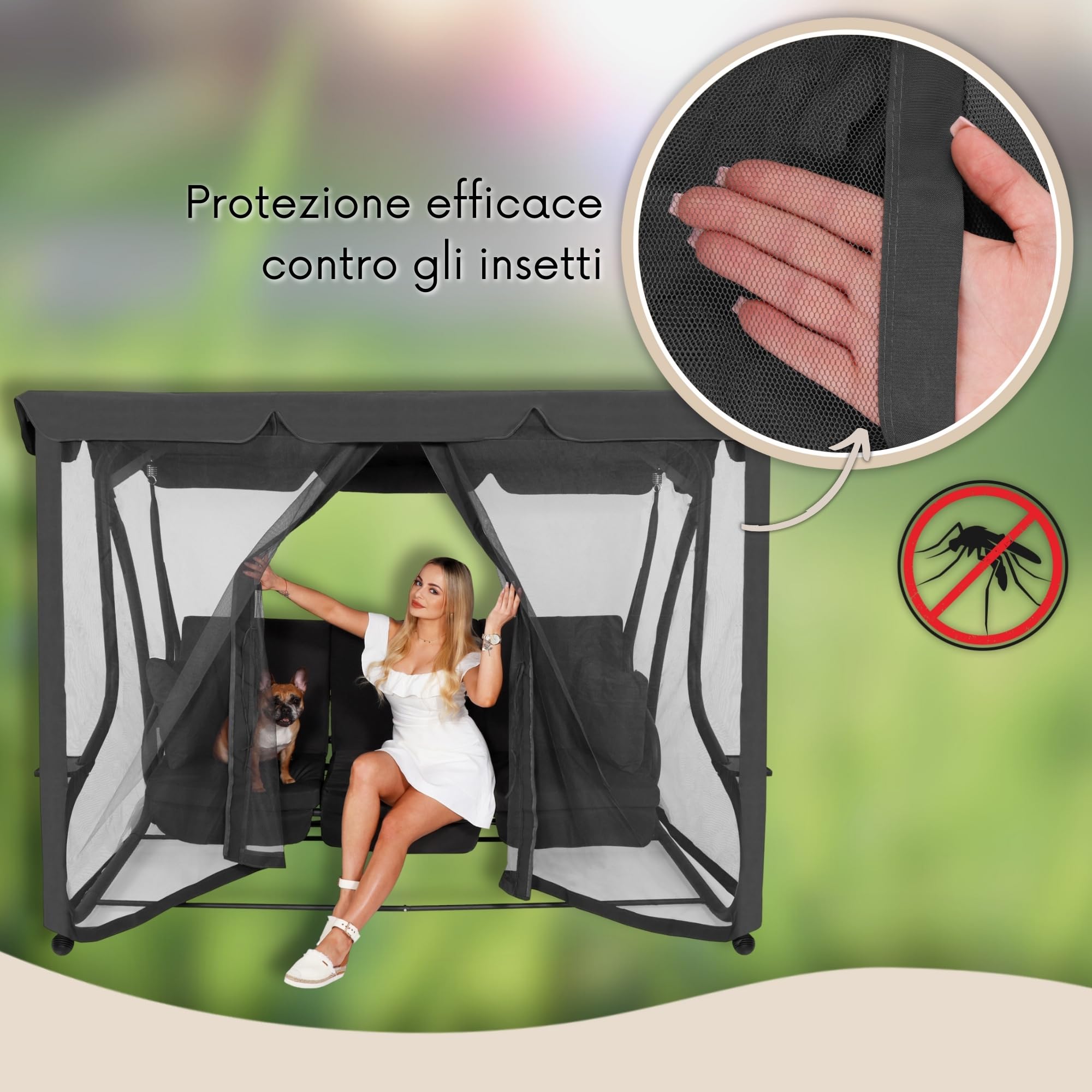 SPRINGOS Zanzariera per altalena da giardino, rete di protezione con cerniera, altezza 165 cm, circonferenza 680 cm, copertura universale per altalena Hollywood, poliestere, grigio scuro