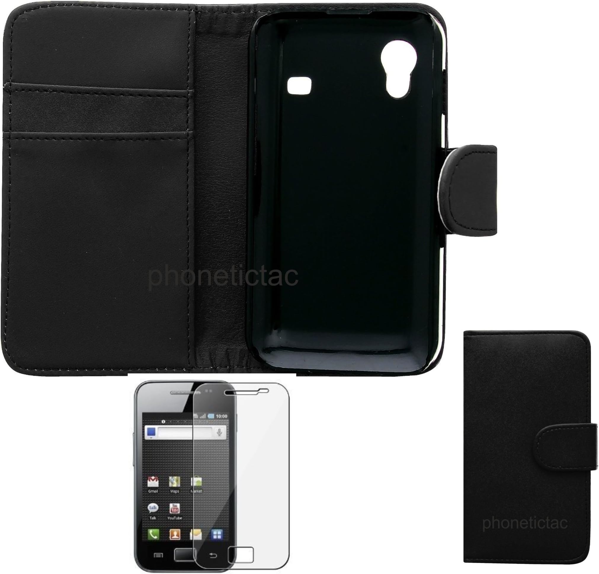 Black Leather Wallet Vertical Case for Samsung Galaxy Ace GT-S5830 / S5830i - Flip Phone Cover Pouch Skin + Screen Protectors