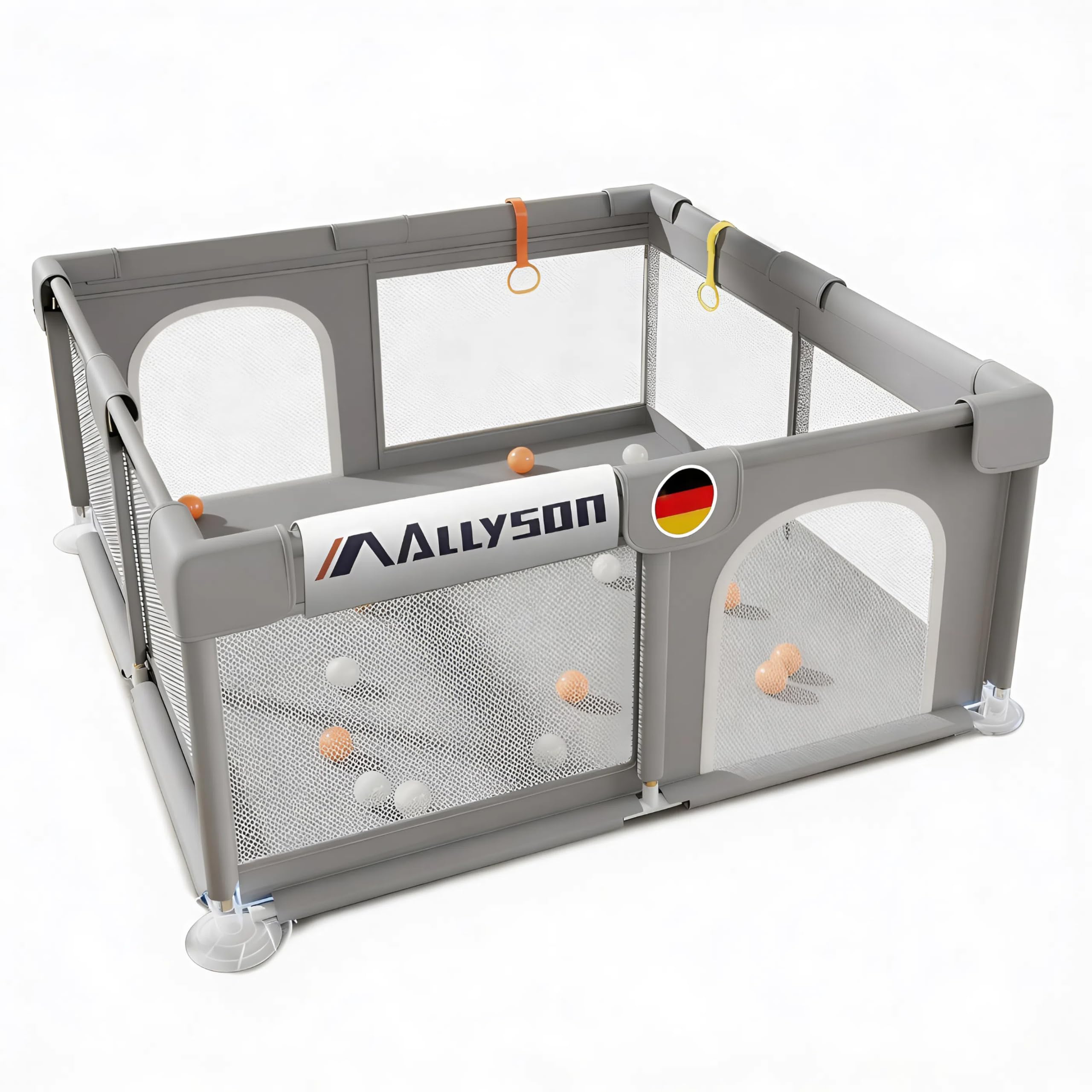 Allyson® Laufstall Baby mit Matte 130x130 cm, Großes Faltbares Laufgitter & Playpen sicher & stabil, Kleinkinder Kinderlaufstall Indoor & Outdoor, Spielgitter Zaun, tragbarer klappbar - Grau