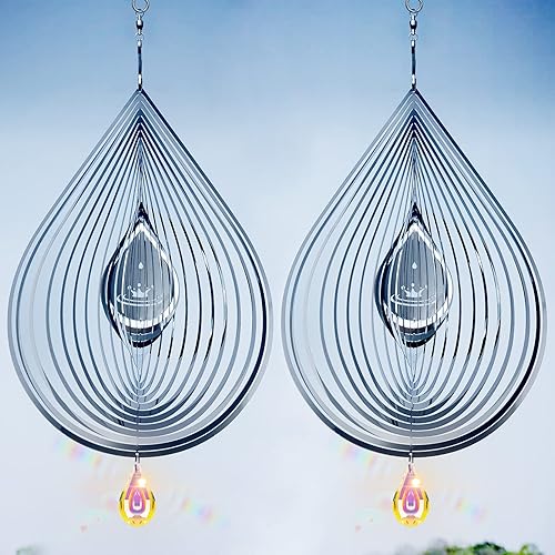Wind Spinners, 2 Pack 10in Square Stainless Steel Silver Wind Spinner, 2 Pack Heart-Shaped Pendant and 3 Pack Rotating S Hooks with 12.5 inch