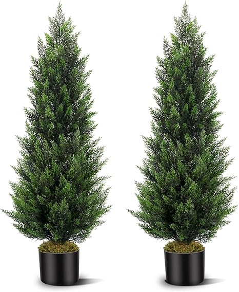 Artificial Topiary Cedar Trees 4FT Tall 2 Set, Outdoor Indoor Faux Pine Shrubs Plants, Realistic Fake Plants Front Porch Decor, Artificial Bushes Cypress for Home Front Door Offices