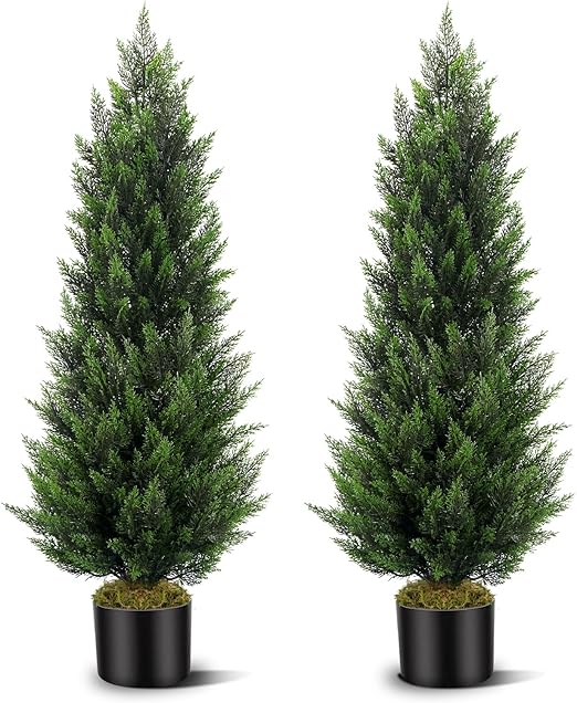 Artificial Topiary Cedar Trees 4FT Tall 2 Set, Outdoor Indoor Faux Pine Shrubs Plants, Realistic Fake Plants Front Porch Decor, Artificial Bushes Cypress for Home Front Door Offices