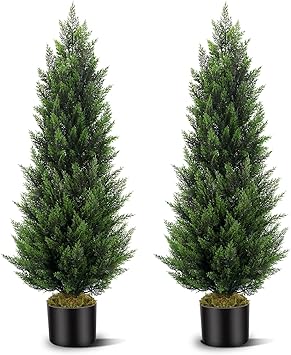 Artificial Topiary Cedar Trees 4FT Tall 2 Set, Outdoor Indoor Faux Pine Shrubs Plants, Realistic Fake Plants Front Porch Decor, Artificial Bushes Cypress for Home Front Door Offices