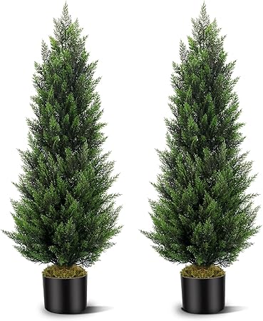 Artificial Topiary Cedar Trees 4FT Tall 2 Set, Outdoor Indoor Faux Pine Shrubs Plants, Realistic Fake Plants Front Porch Decor, Artificial Bushes Cypress for Home Front Door Offices