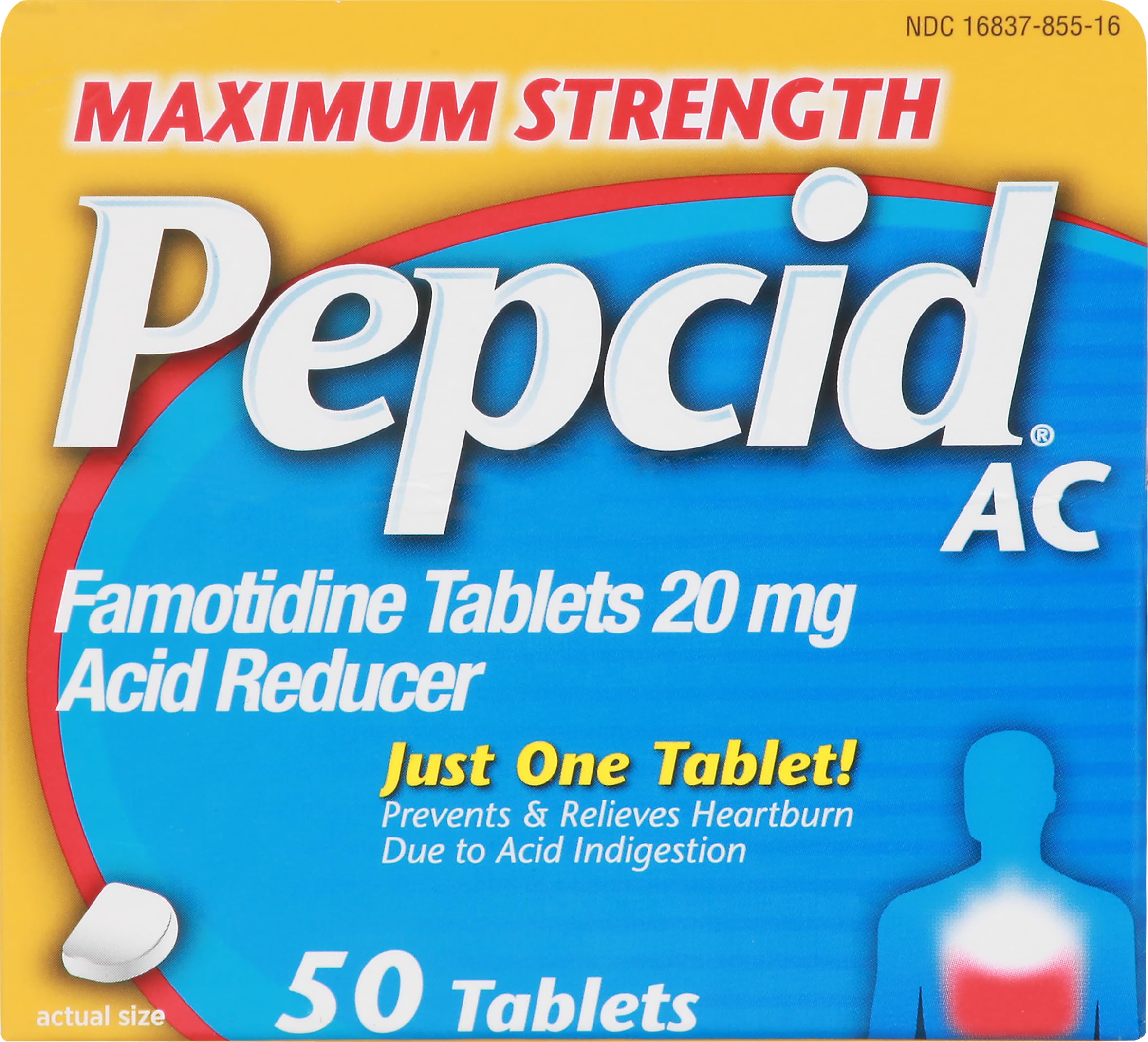 Pepcid AC Maximum Strength Heartburn Relief Tablets, OTC Medicine Prevents & Relieves Heartburn Due to Acid Indigestion & Sour Stomach, 20mg Famotidine Acid Reducer, Fast-Acting, 50 ct