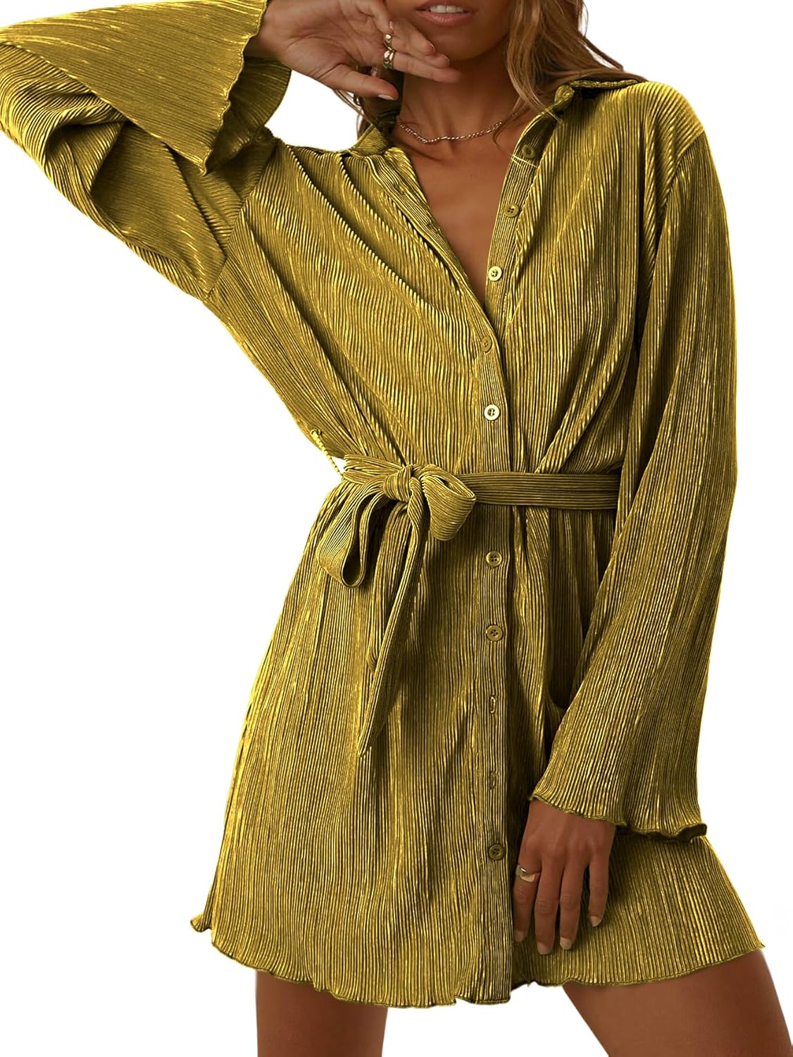 LYANER Women's Collar V Neck Button Down Pleated Long Sleeve Mini Shirt Dress with Belt - Image 4