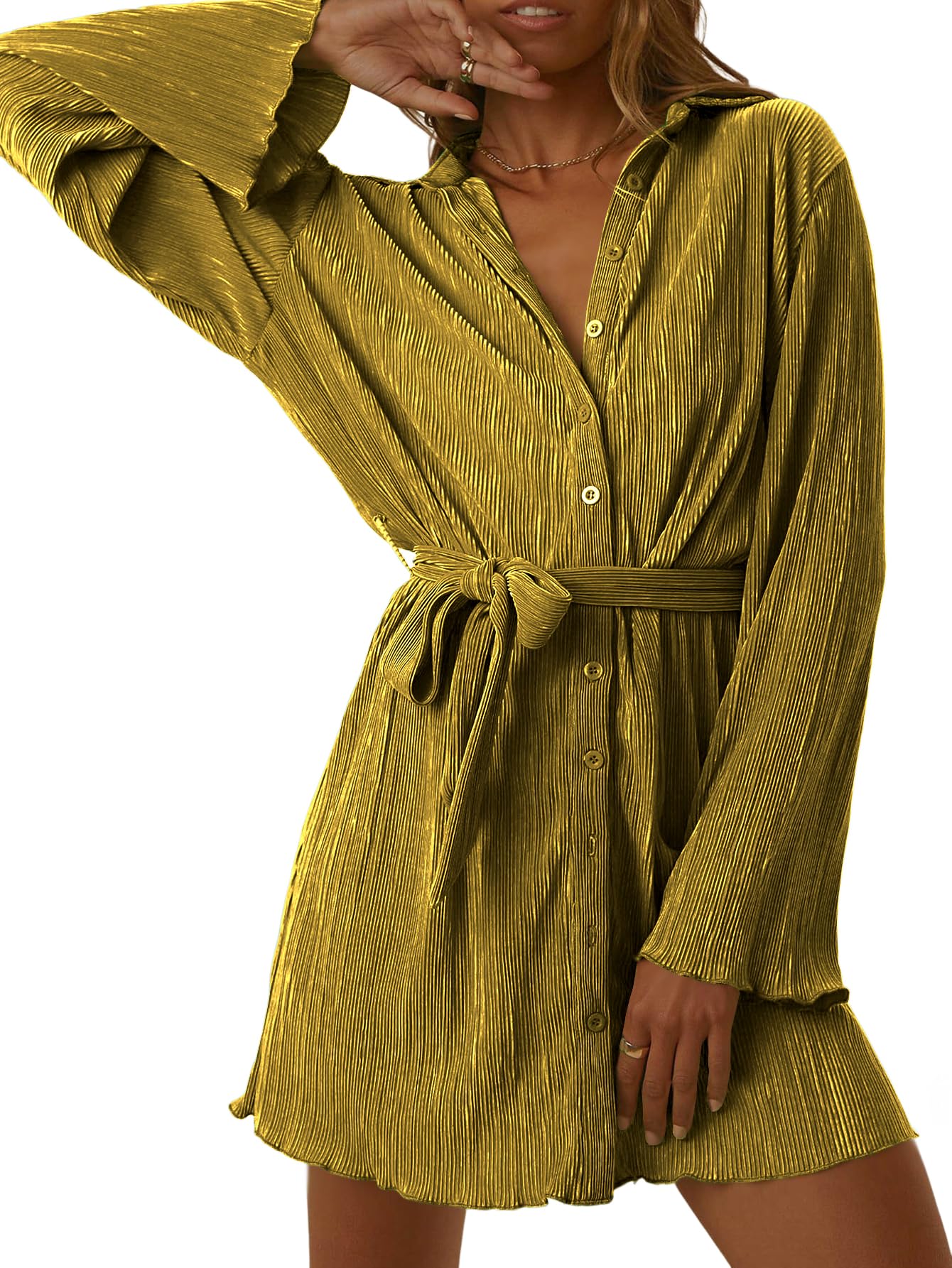 LYANER Women's Collar V Neck Button Down Pleated Long Sleeve Mini Shirt ...