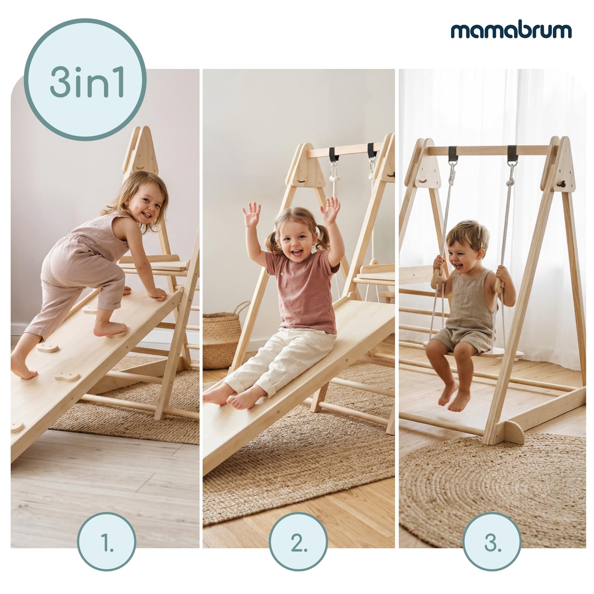 Mamabrum Indoor Spielplatz aus Holz 3in1 mit Rutsche, Kletterwand und Schaukel, klappbares Montessori Bewegungsset aus Buche, 118 x 105 x 119,5 cm, ab 3 Jahren